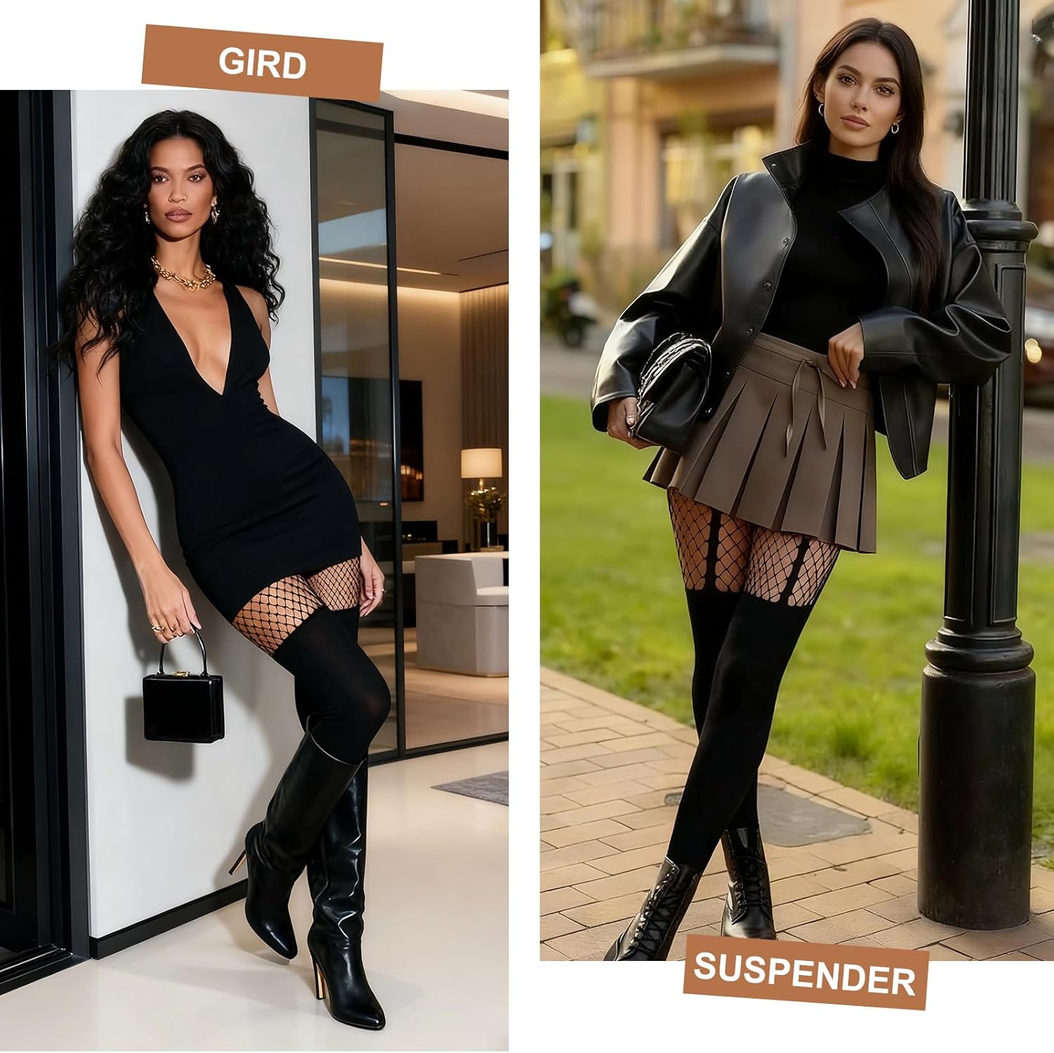 Faux Thigh High Tights Mock Suspender Pantyhose Black Fishnet Tights Over the Knee Goth Stockings Pack of 2 - Image 6