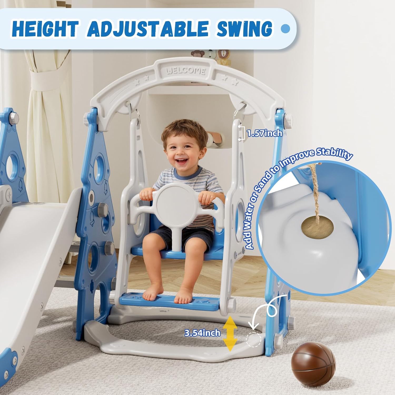 Adjustable swing with base fill port for water or sand