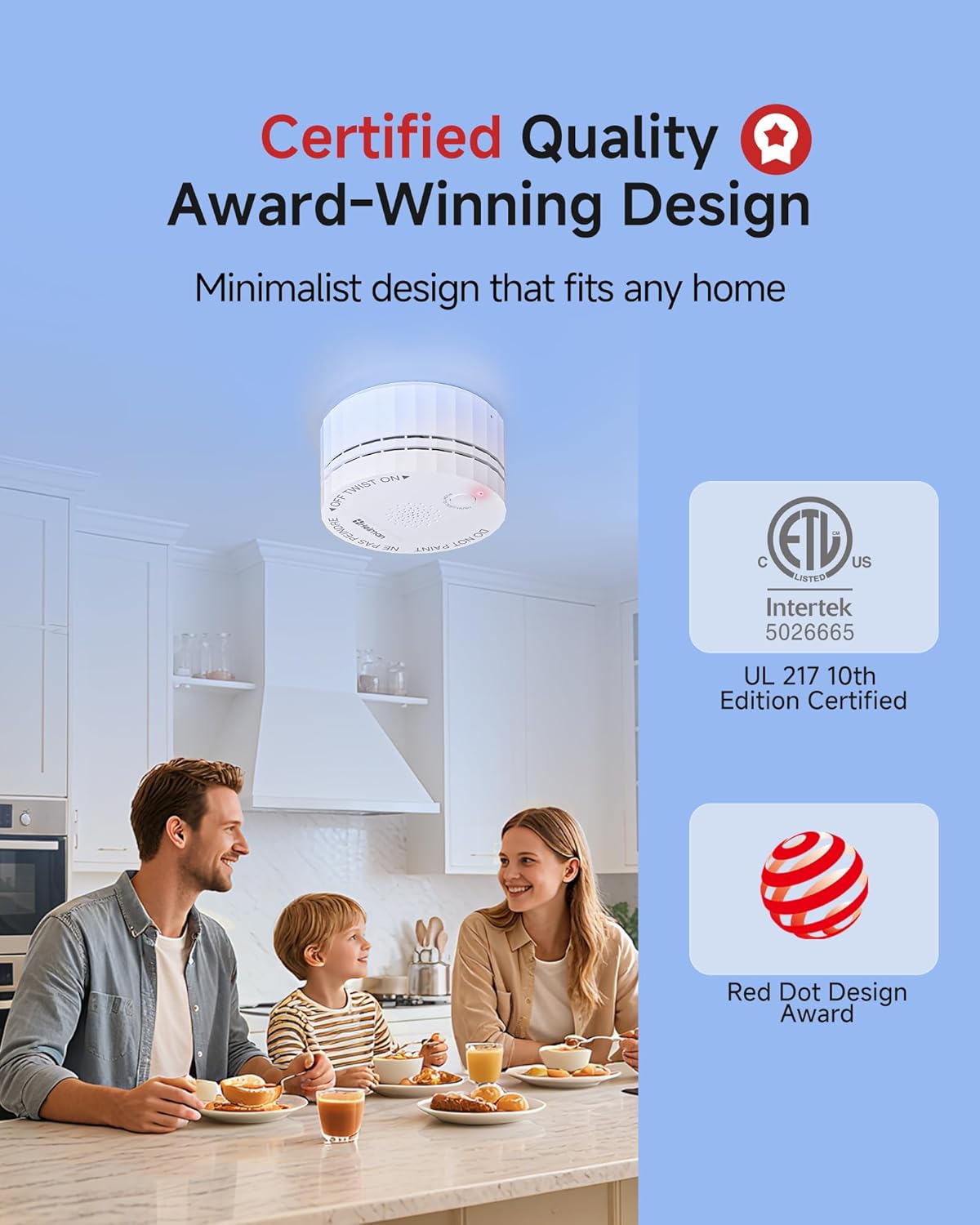 Heiman Smoke Detector, 10-Year Battery Operated Smoke Alarms, Photoelectric Fire Detectors for Home, UL 217 10th Ed. Certified, Portable Small Compact, Test Silence Button, RV, Travel, 3 Pack