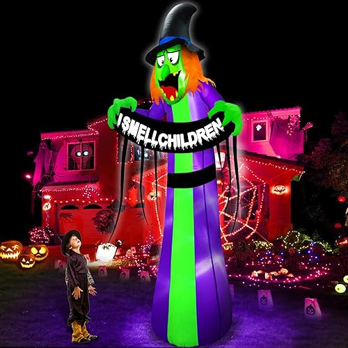 TURNMEON Guirnalda inflable gigante de Halloween de 8 pies, decoración al aire libre, bruja aterradora sostiene el olor de los niños, luces LED para