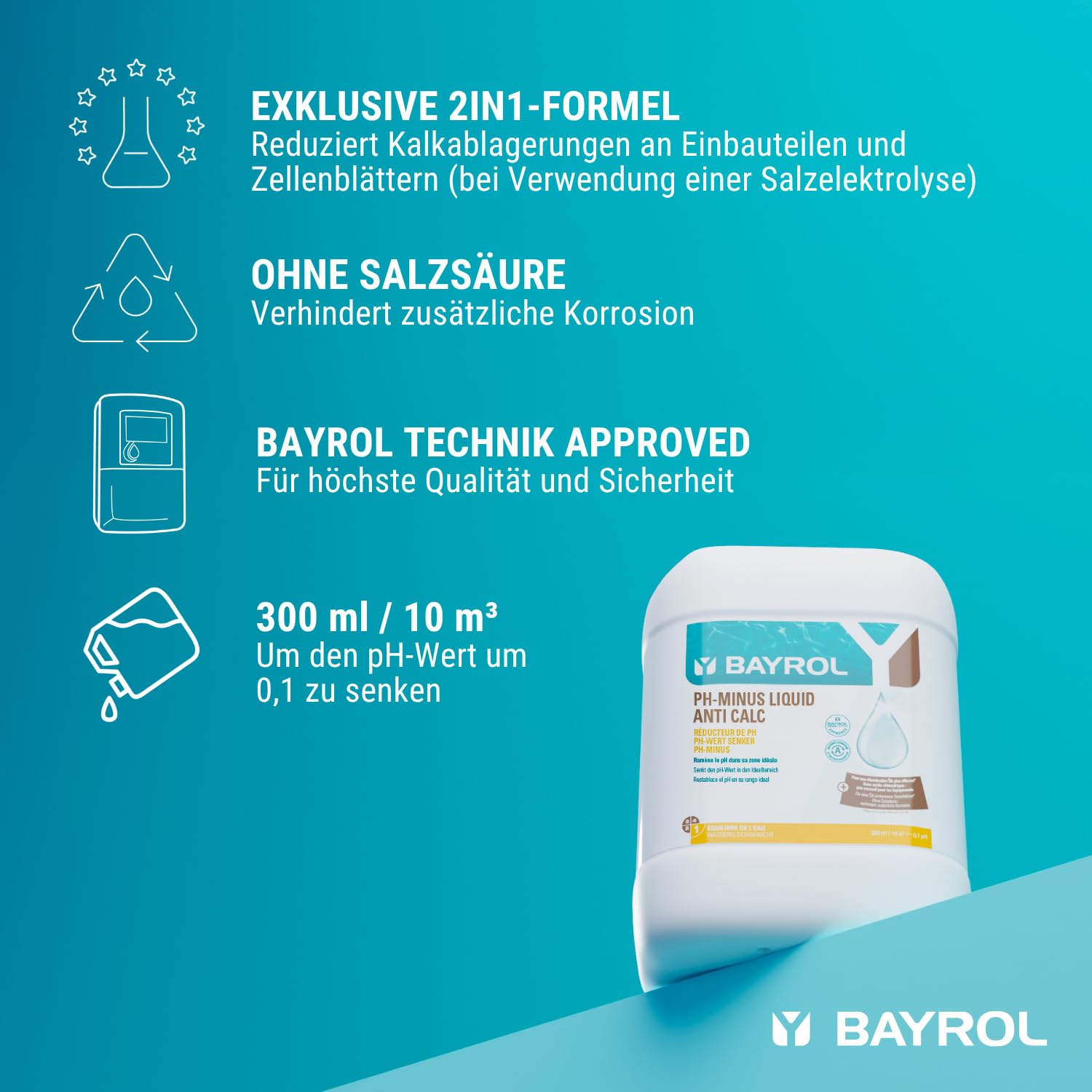 Bayrol pH-Minus Liquid Anti Calc 20 L - Flüssiges Konzentrat zur Senkung eines pH-Wertes über 7,4 in privaten Schwimmbecken. Verhindert Kalkablagerungen. Weiß