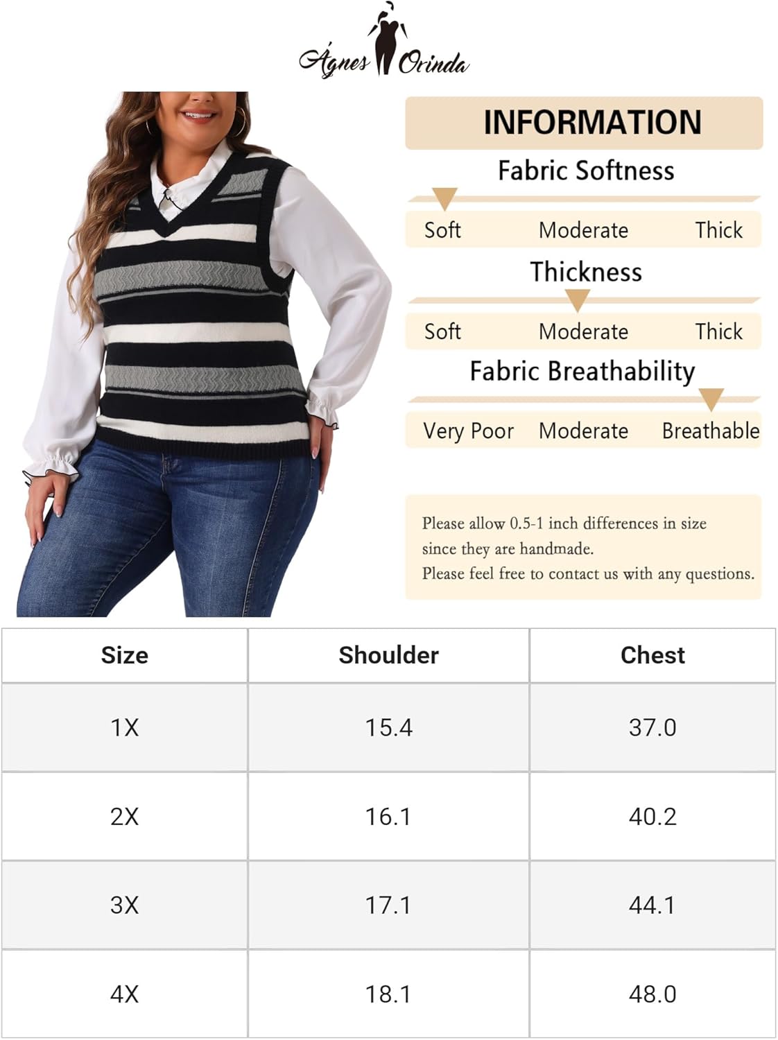 Agnes Orinda Plus Size Sweaters for Women Sleeveless V Neck Striped Knit Casual Pullover Sweater Vests - Image 6