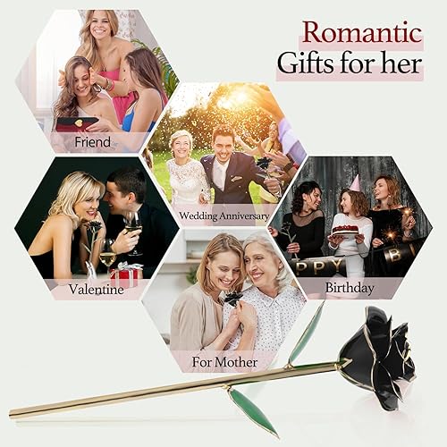 Miniatura 3 de Rosa negra bañada en oro de 24 quilates, flores artificiales de tallo largo para decoración, rosas con soporte transparente y caja de regalo, regalo