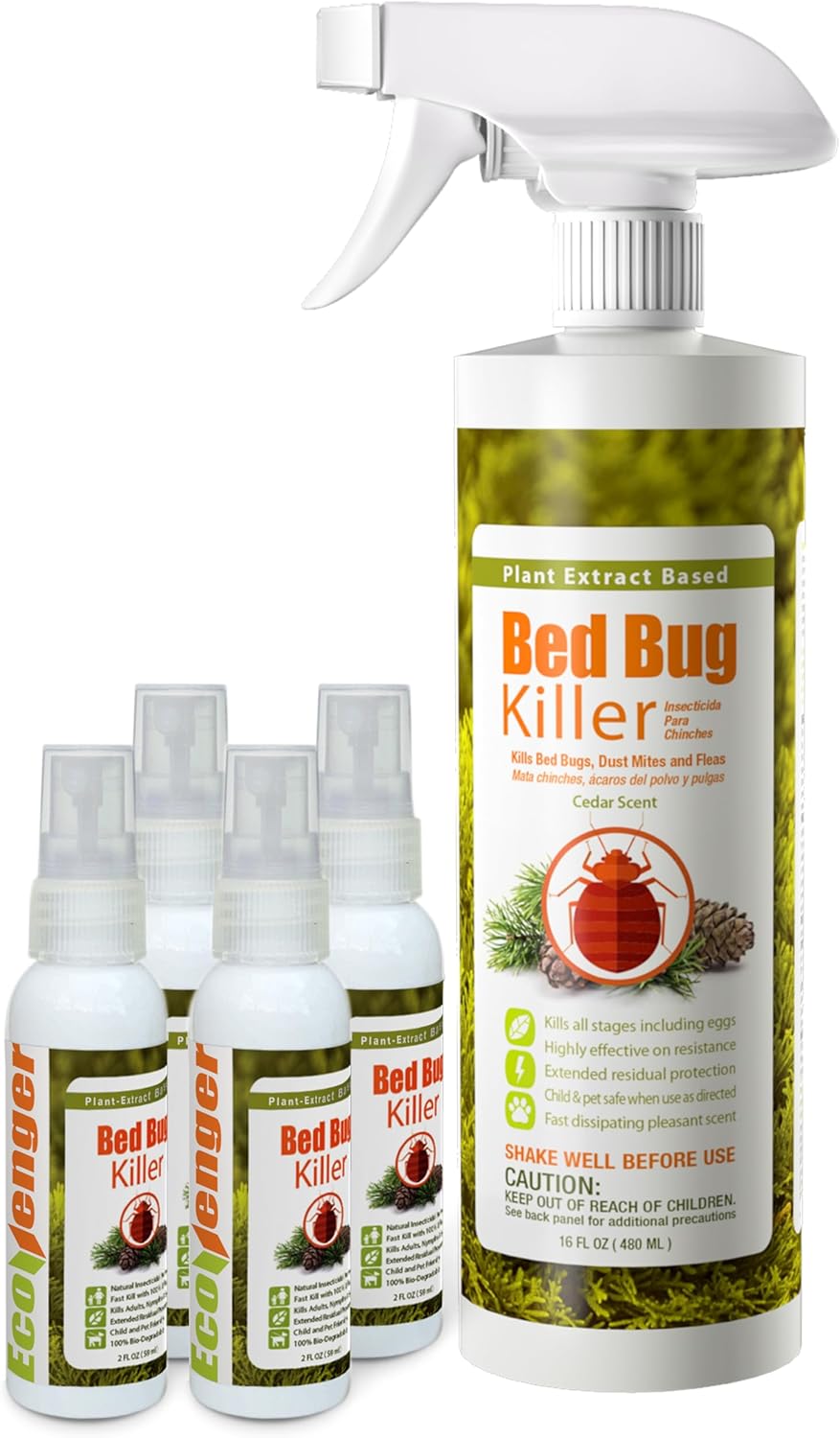EcoVenger Bed Bug Killer Set – 16oz + 4 Travel 2oz, 100% Kill, Eggs & Resistant Strains, USDA BIO, Non-Toxic, Safe for Kids & Pets