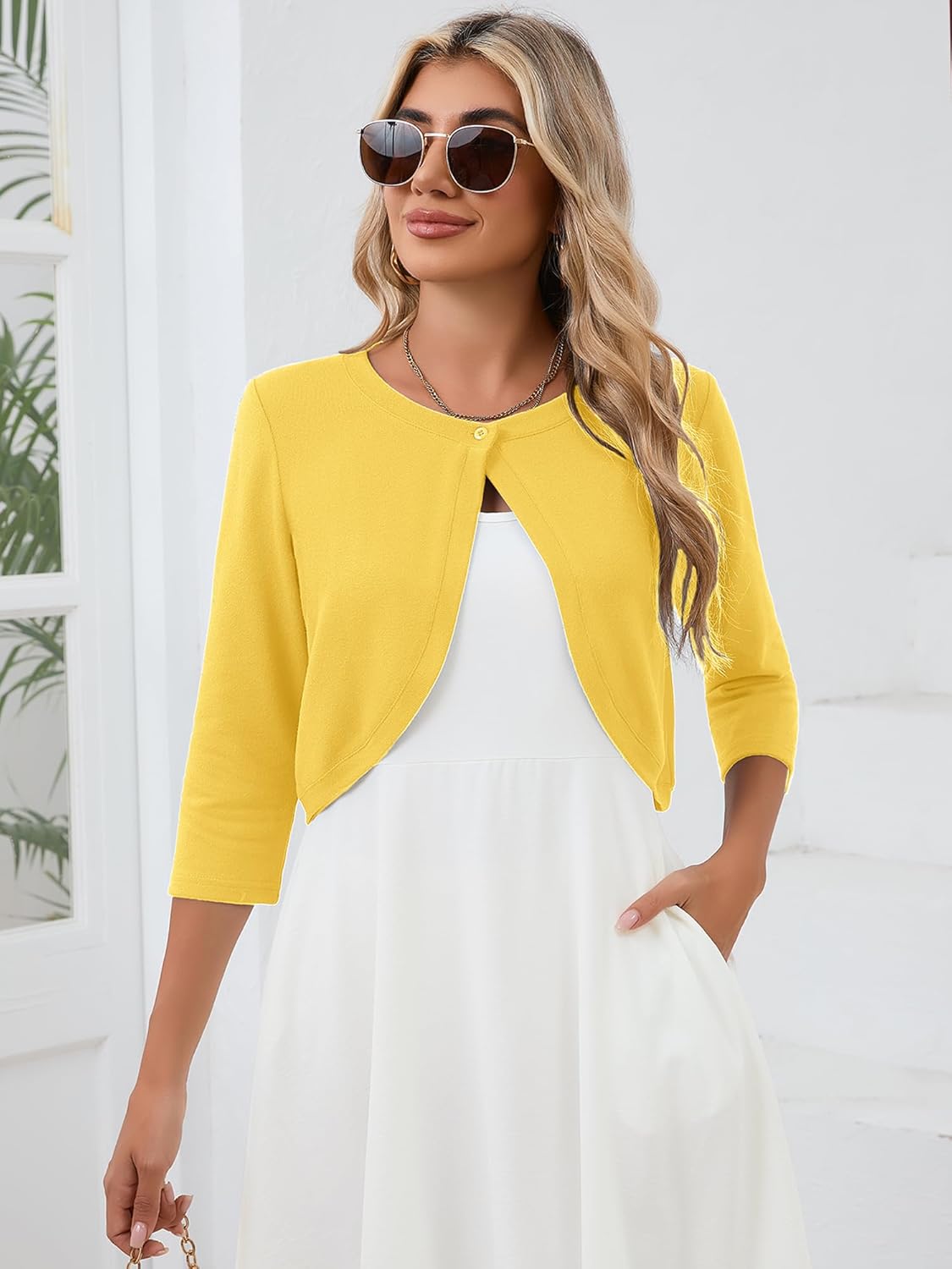 Heymoments Women's 3/4 Sleeve Casual Shrugs Lightweight Open Front Cropped Cardigan for Dresses - Image 2