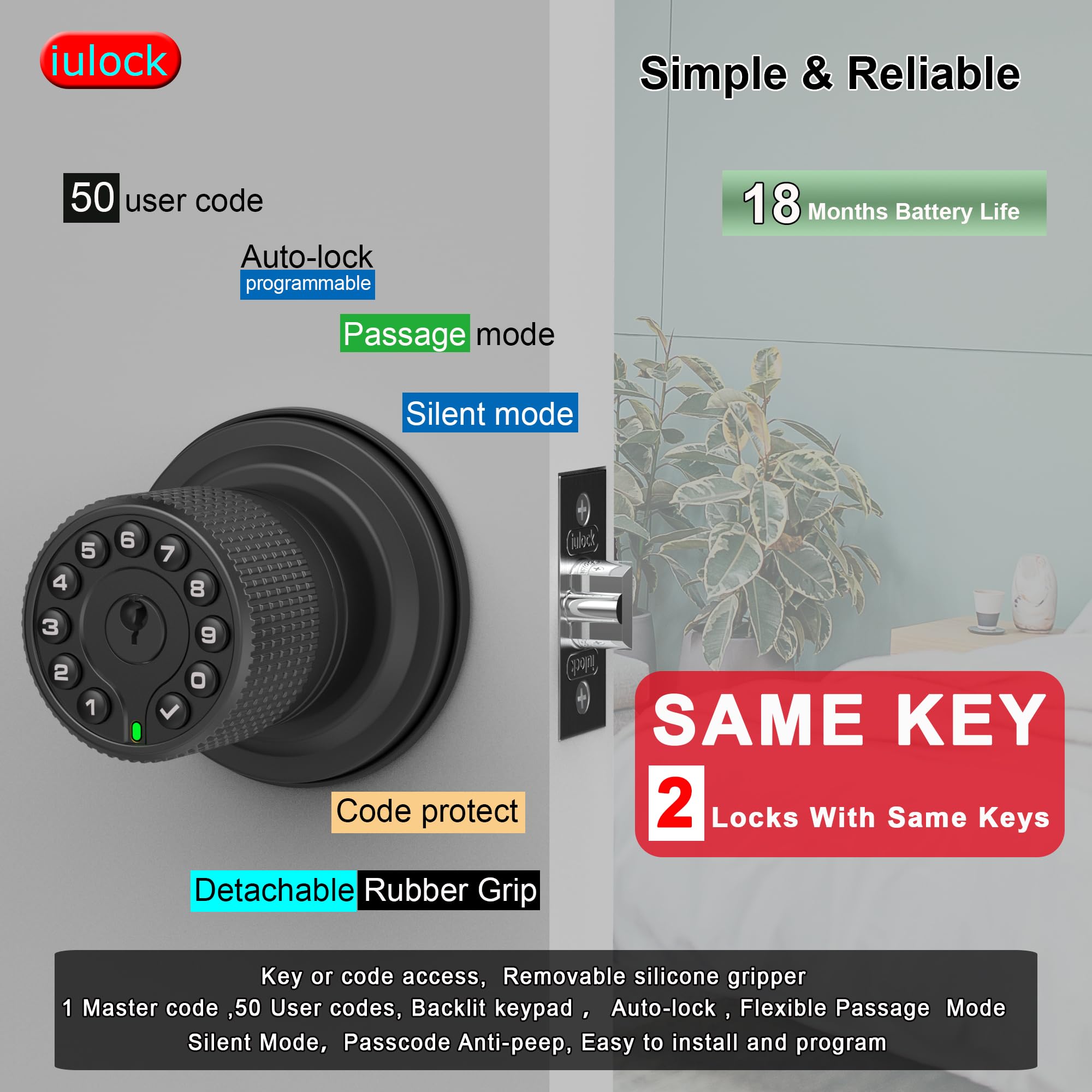 iulock Poo de puerta inteligente con teclado y llave, cerradura de puerta de entrada sin llave