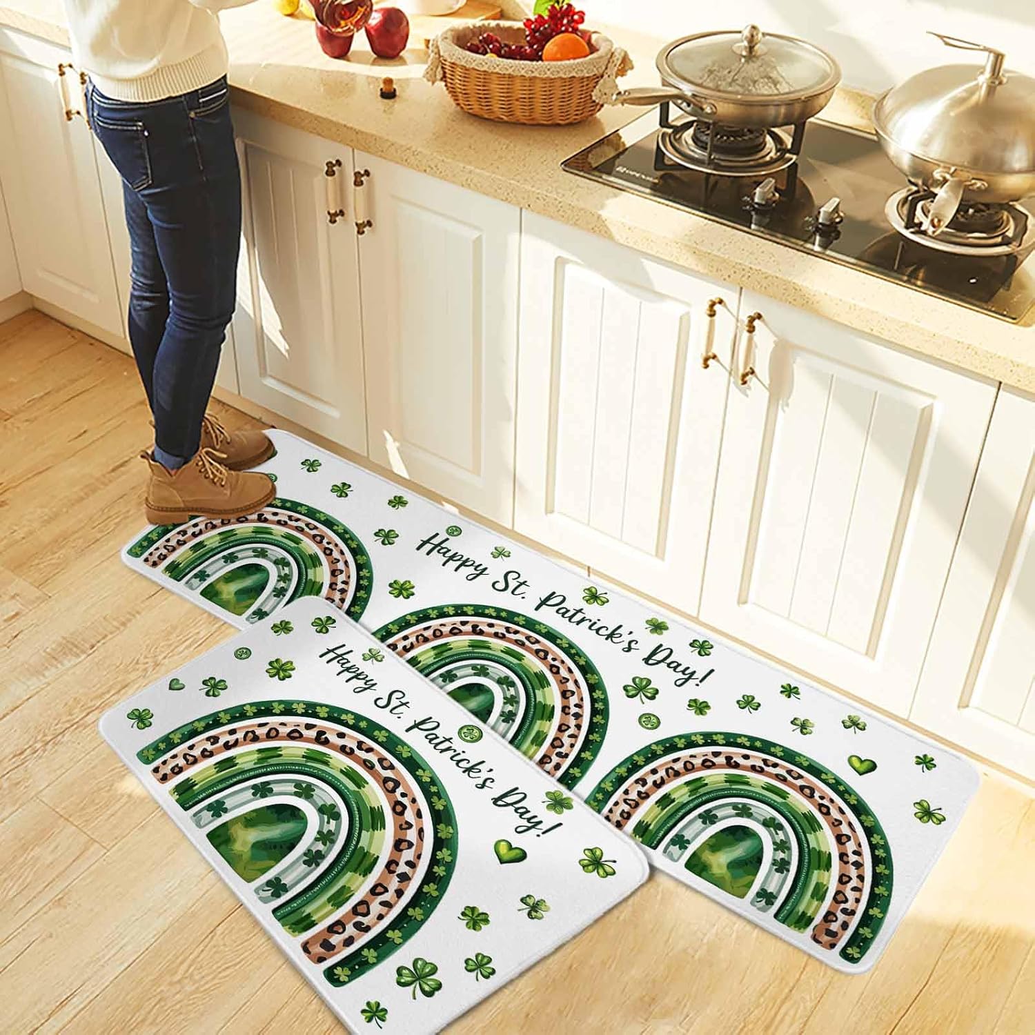 Saint Patrick's Day Kitchen Rugs and Mats Set of 2, Non-Slip Kitchen Sink Mat, Green Shamrock Leaves Spring Lucky Washable Doormat Bathroom Rugs Runner for Bedroom/Living Room 17.7"x30"+17.7"x59"