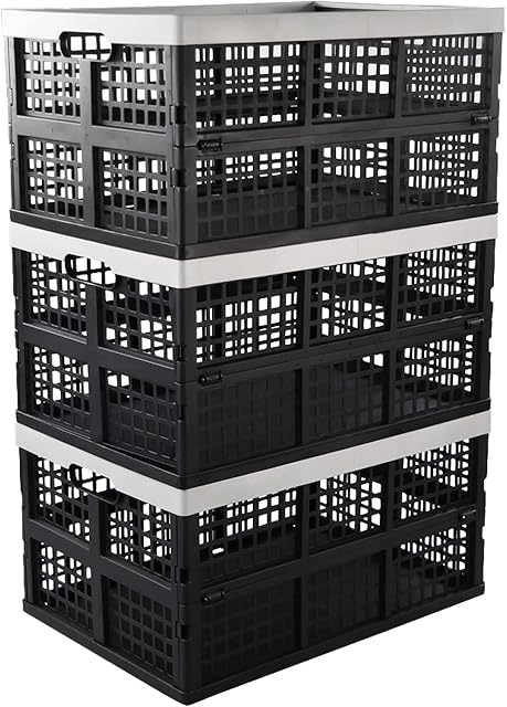 Uumitty Pack of 3 Folding Collapsible Plastic Storage Crates Boxes, Stackable Collapsible Basket, 40 Litre, Black