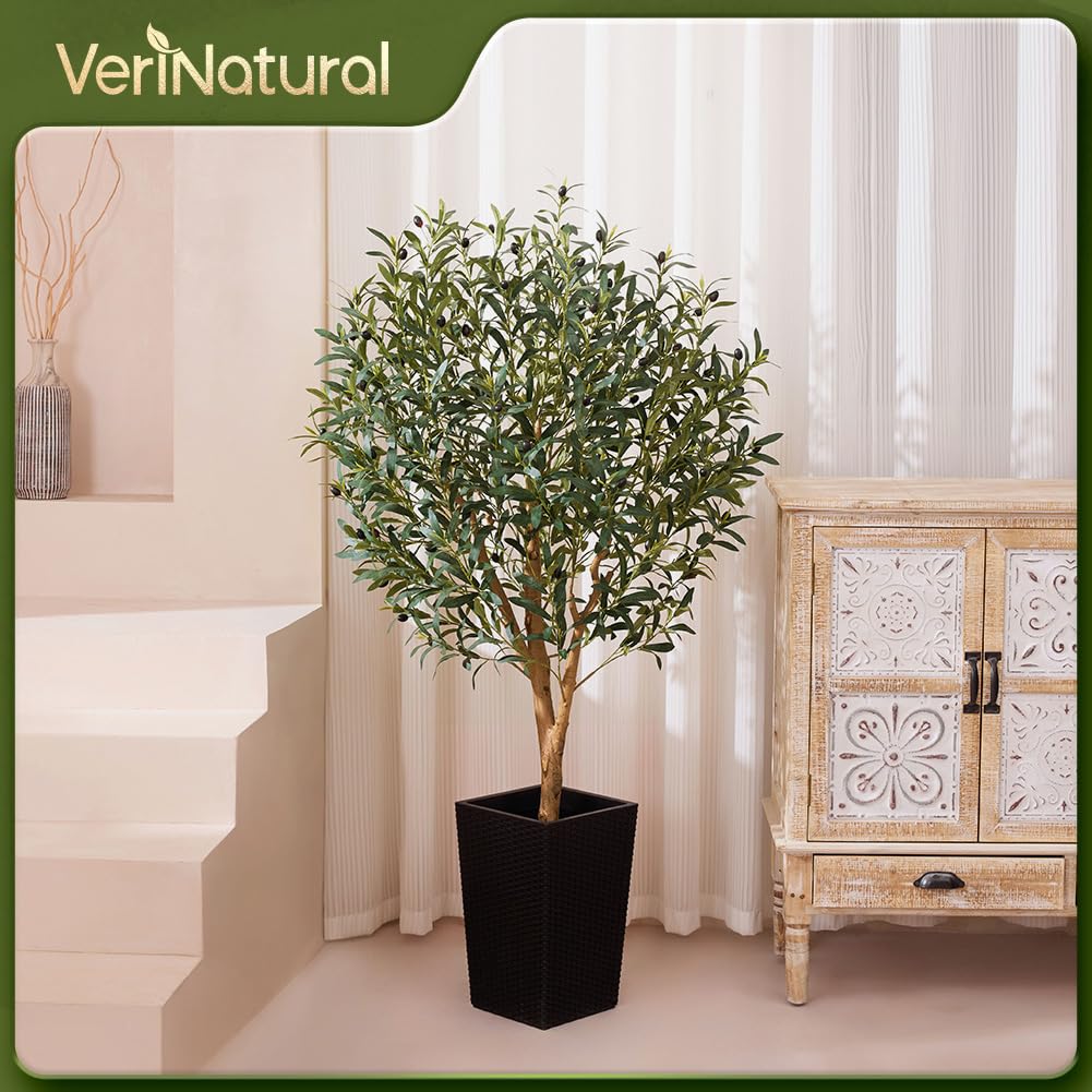 VeriNatural Künstlicher Olivenbaum 150cm - Fake Plastik Pflanzen Groß mit Schwarzer Kegelförmigem Topf - UV-beständige Kunstpflanzen wie echt für Wohnzimmer, Büro & Balkon Deko,VN133