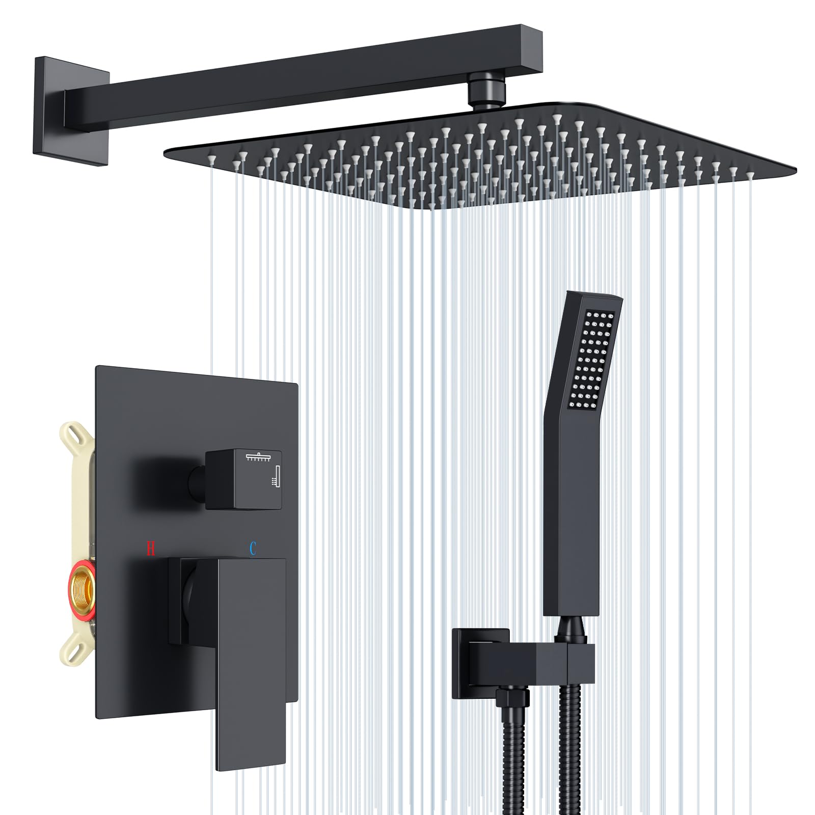 Rainsworth Unterputz Duscharmatur Set, 30x30cm Quadratischer Regenduschkopf mit Hochmoderne Air Injection Technology, Hochwertig Edelstahl und Messing Zubehör, Wandmontage Duschsystem Schwarz | Unterputz Duscharmatur Set mit 12 Zoll Regendusche, Unterputz