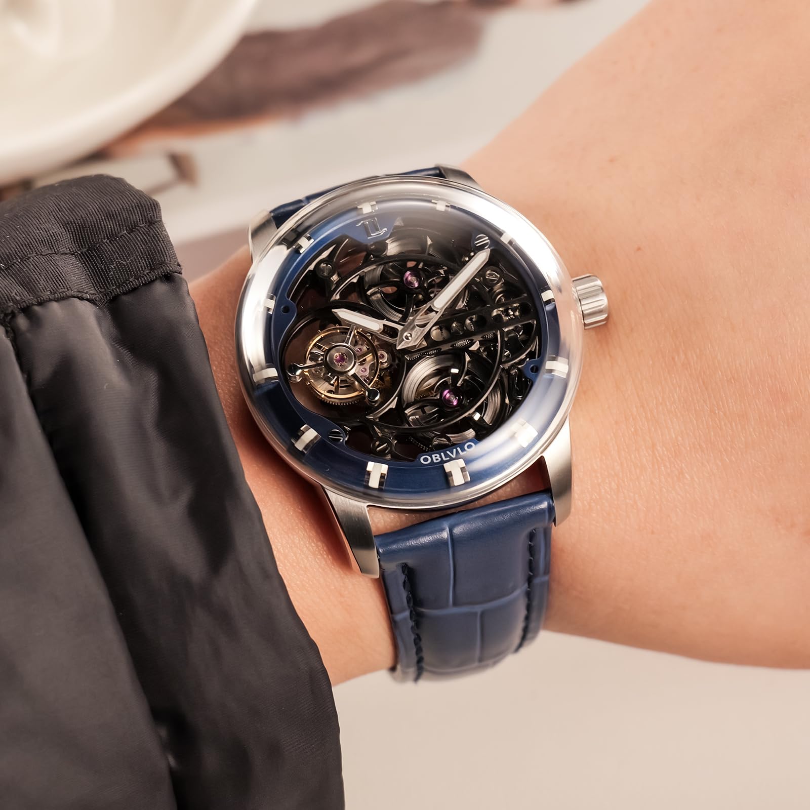 OBLVLO Top-Marke, luxuriös, hohl, wasserdicht, mechanische Herrenuhr, echtes Leder, Saphirglas, Tourbillon, Handaufzug, IM-SK-B-TB