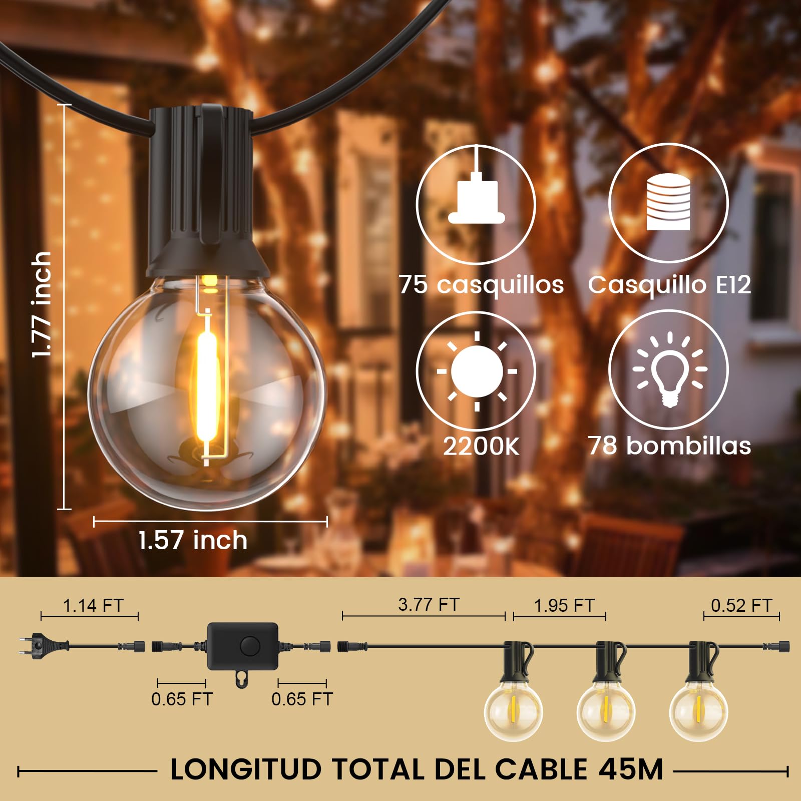 Guirnalda-Luces-Exterior-Jardín-Led 45M G40 Bombillas 50ft con 75+3 Bombillas Luz Exteriores Guirnaldas Dimmable IP45 Impermeable Conectable Terraza Iluminacion Exteriors Lampadas para Navidad Fiesta