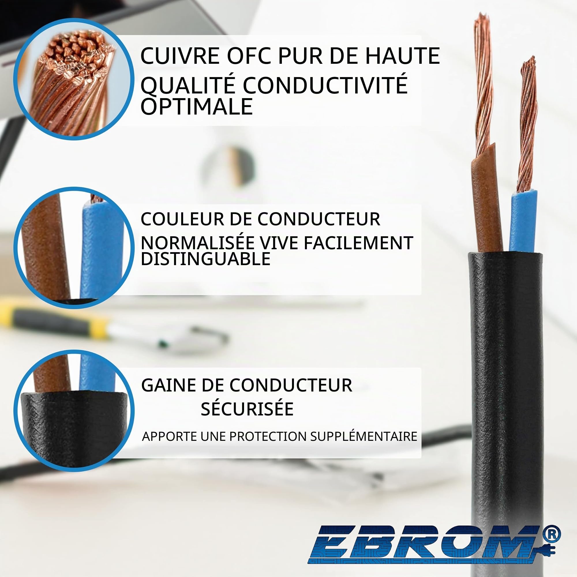 Câble rond en plastique noir pour LED - H05VV-F - 2 x 1,5 mm² - Au choix 10, 15, 20, 25, 30, 35, 40, 45, 50, 55, 60 m et ainsi de suite jusqu'à 100 m par tranche de 5 m