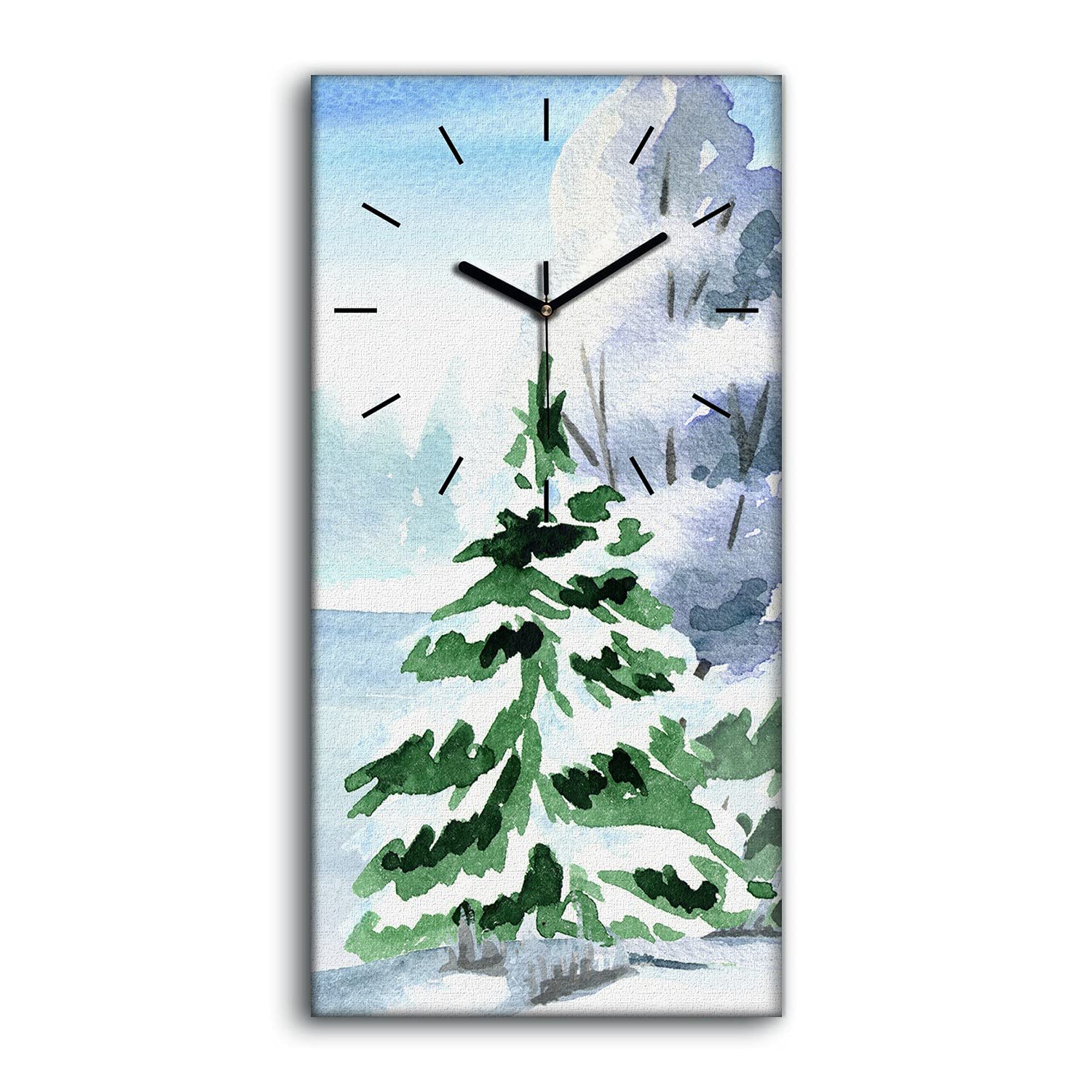 Horloge sur toile avec aiguilles noires contrastées et motif artistique moderne arbres à neige