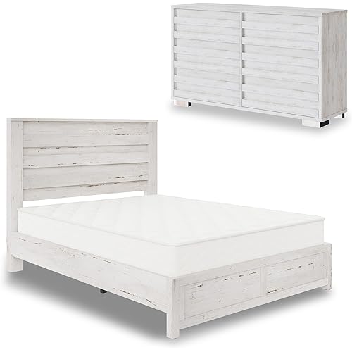 AMERLIFE 2-Piece Farmhouse Bedroom Set, Queen Size Bed Frame and 6 Drawer Dresser, Platform Bed with 49" Fluted Headboard, 54" Wide Wood Chest of Drawer for Bedroom, Distressed White