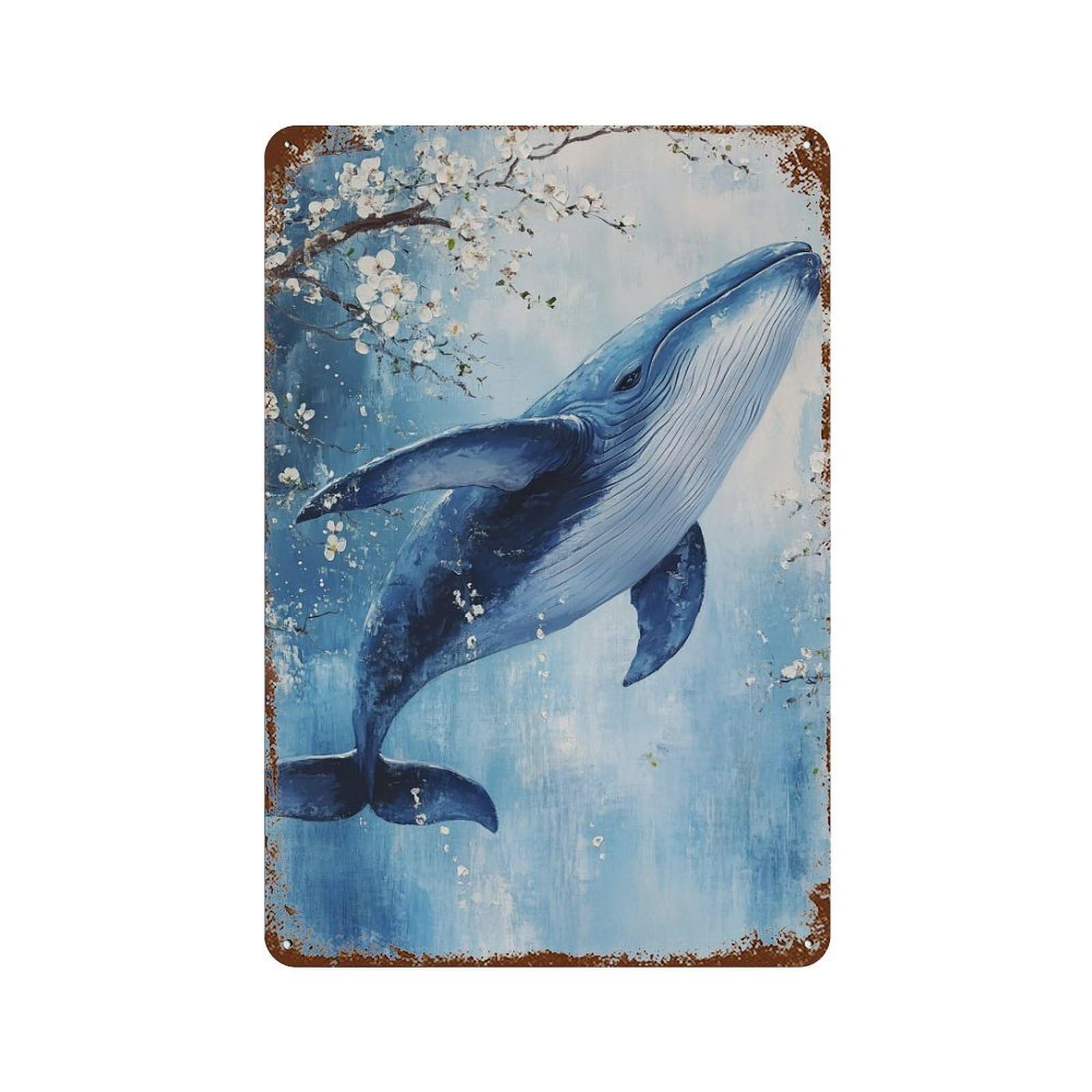 Rust Effect Whale Painting Ocean Art Rustic Tin Plaque 11.8"x7.9", Old School Wall Decor for Shed, Workshop And Garage Wall Decor