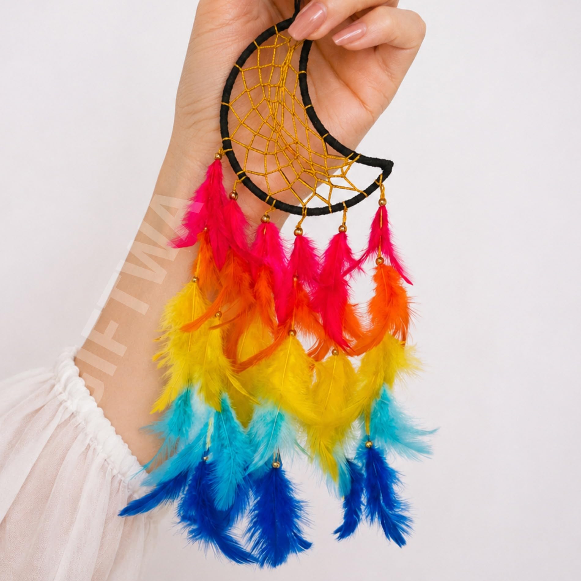 Moon Shape Dream Catcher Wall Hanging with Multi Color Feathers & Beads | Handmade Boho Home Decor for Bedroom, Living Room, Kids Room, Nursery, Balcony & Office Decoration-image-29