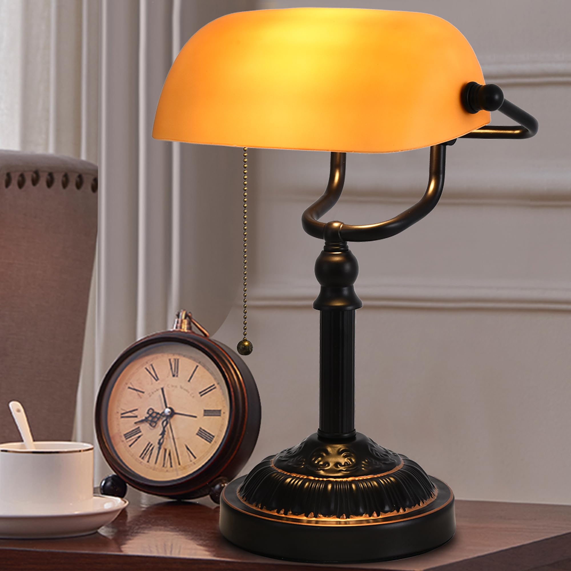 Traditionelle Bankers Lampe mit Zugkettenschalter USB-Anschluss, bernsteinfarbener Glasschirm, Vintage Bibliothekslampe für Büro