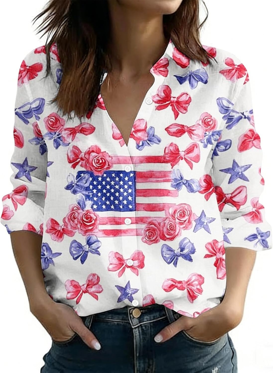 4th of July Shirts Women American Flag Patriotic Button Down Collared Shirt Ladies Independence Day Long Sleeve Blouses