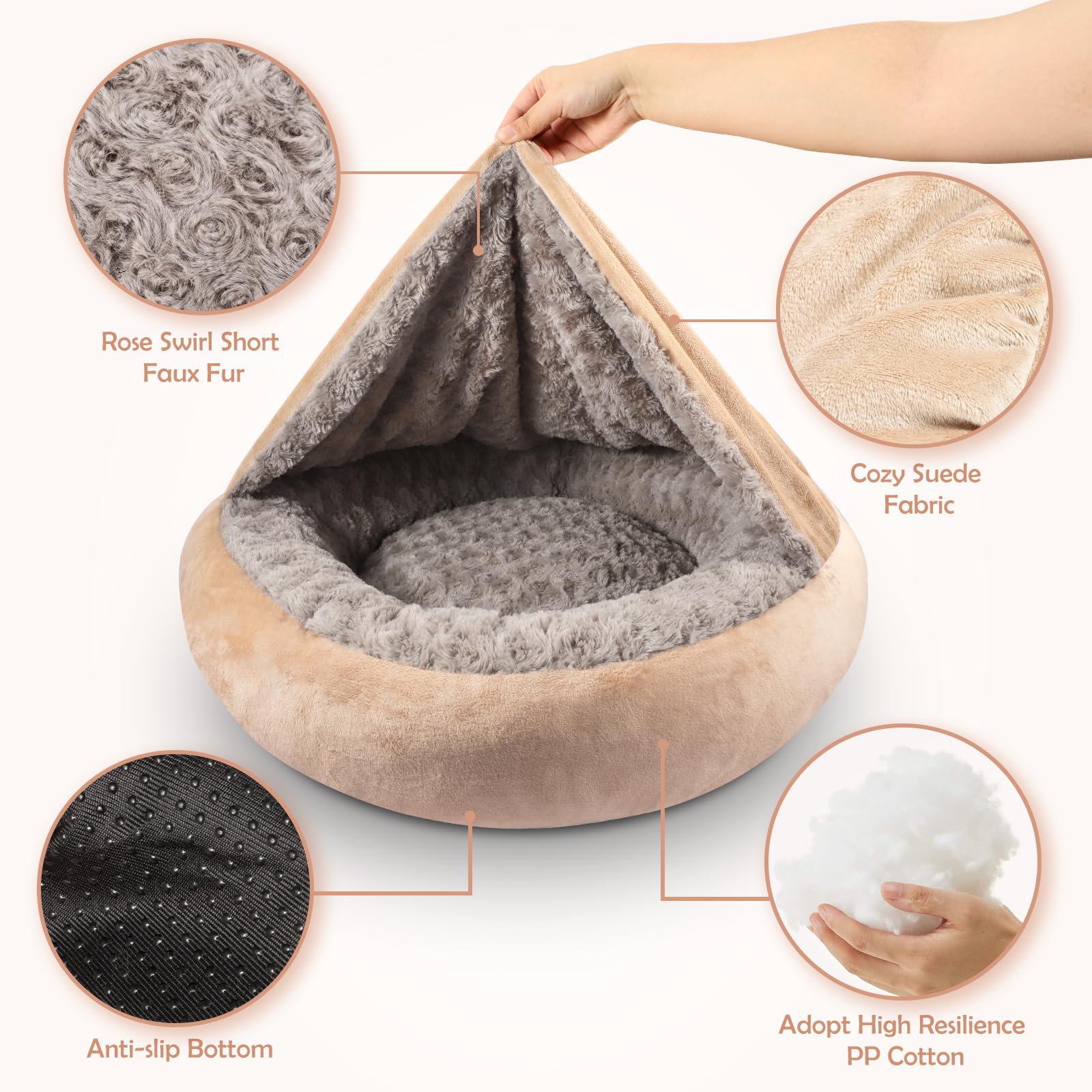 JOEJOY Cama pequeña para perros y gatos con manta con capucha, acogedora cama de lujo para cachorros, cama redonda calmante antiansiedad para perros, cama cueva para madriguera, parte inferior