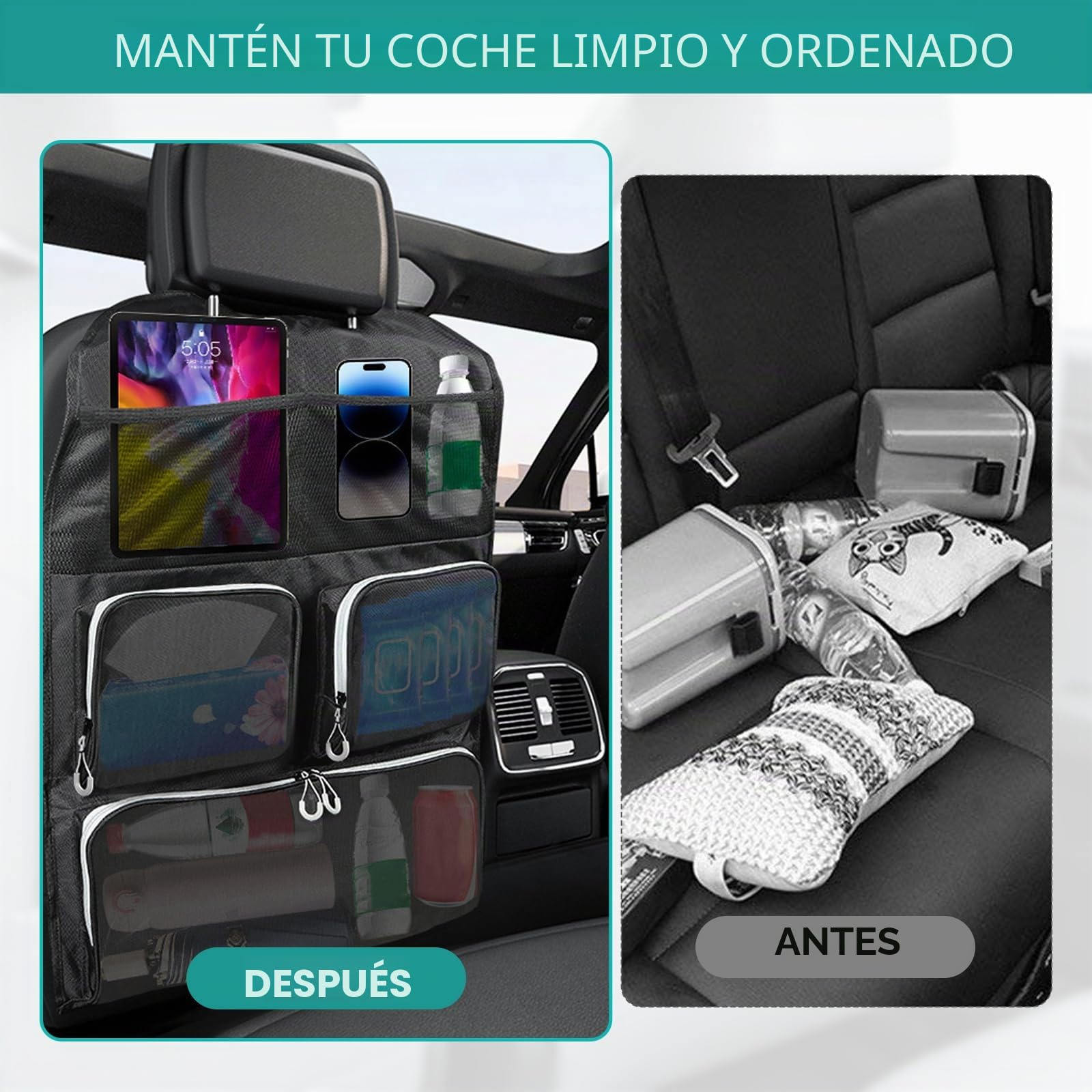 Lot de 2 organizadores de asiento de coche compatibles con VW T6, organizador de respaldo del vehículo con varios bolsillos para productos para bebé, almacenamiento esencial de viaje para VW T5
