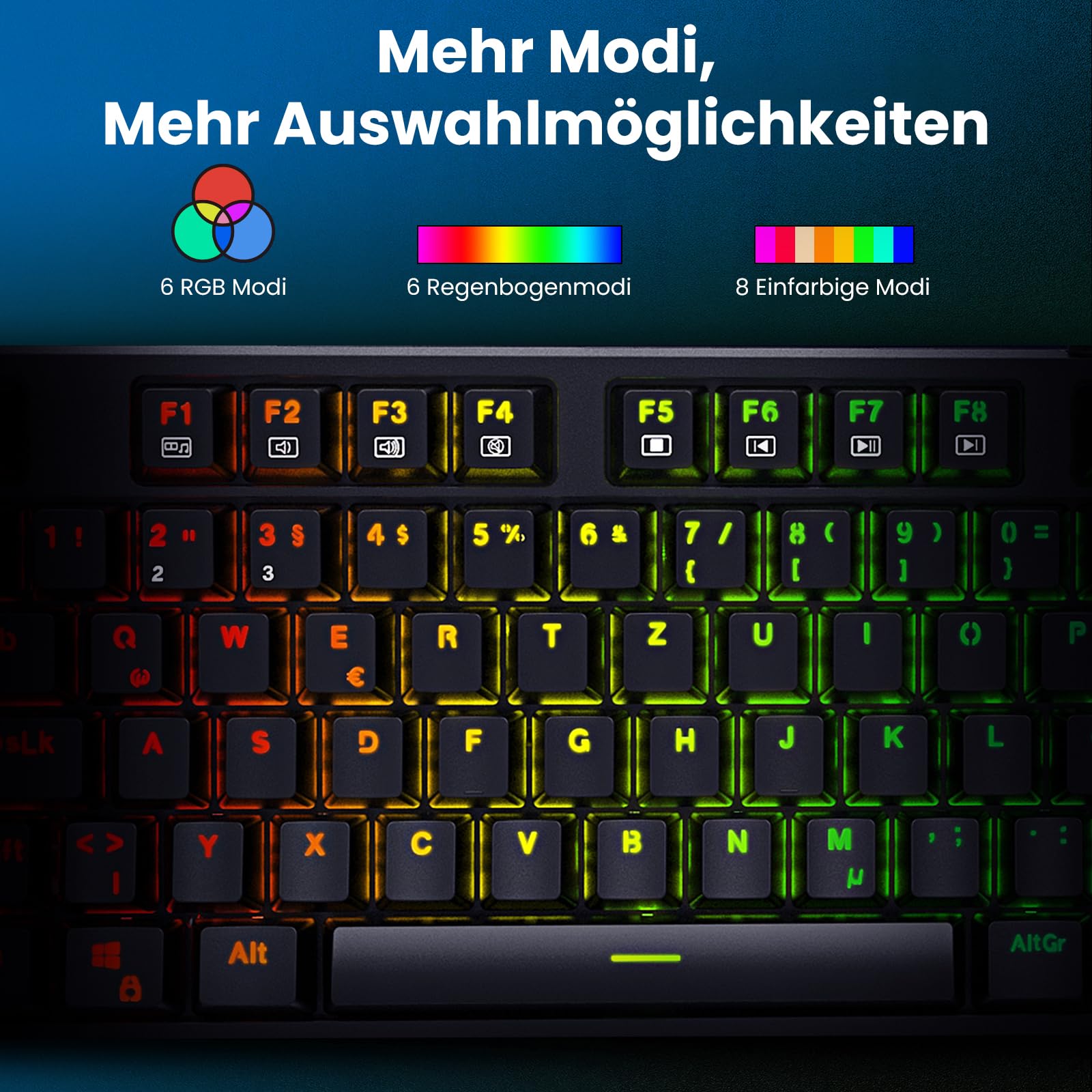 Mechanische Gaming Tastatur QWERTZ mit RGB-Beleuchtung (Blue Switches) - 104 Tasten USB-Kabelgebunden, 20 Beleuchtungsmodi, N-Key Rollover, Wasserdicht ——PC Tastatur Mit Kabel für Gamer (Schwarz)