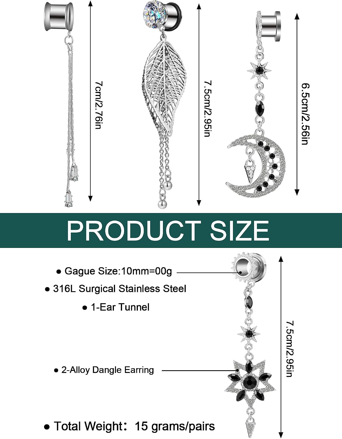 8 Pcs 10 mm Dangle Gauges for Women Sliver Stainless Gauge Earrings Hypoallergenic Chain Ear Tunnels with Moon Star Leaf Dangle Chain for Gen Z & Piercing Enthusiasts, Daily & Festival Wear