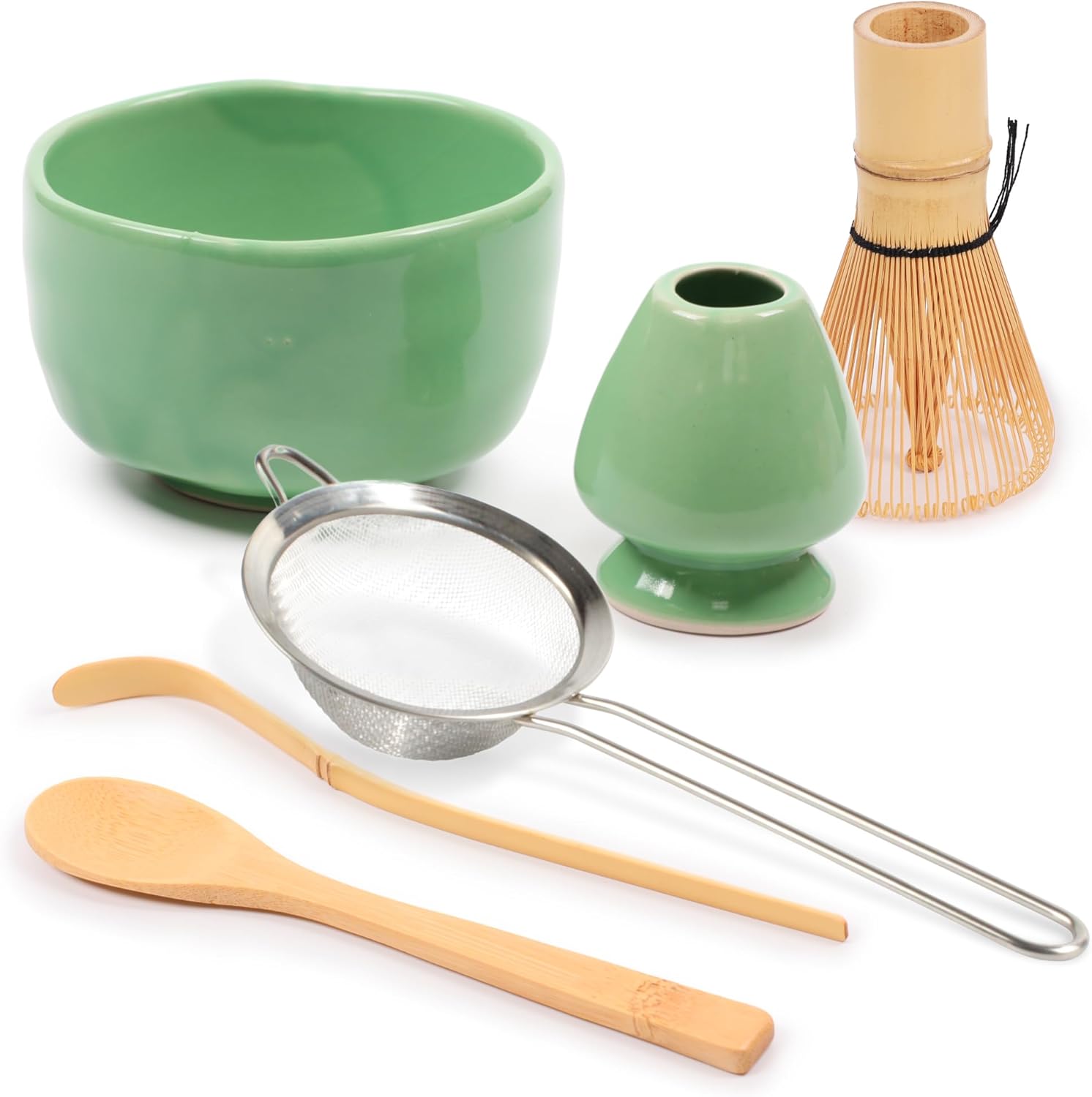 BambooMN Traditional Matcha Green Tea 6-Piece Accessory Set With Strainer - Soft Light Green - 1 Set