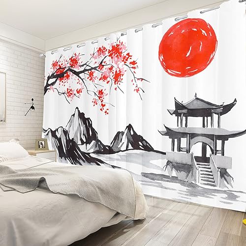 Miniatura 8 de Cortinas opacas japonesas con diseño de torre de cerezo, monte Fuji, cortinas de ventana para dormitorio, sala de estar, cocina, estilo asiático,