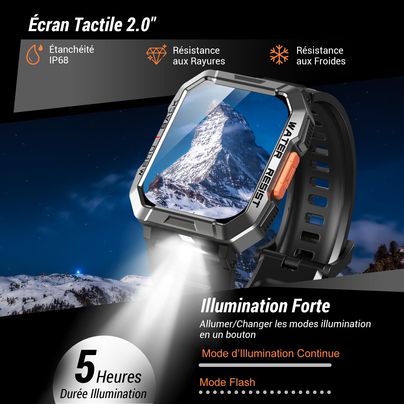 Montre Connectée Militaire Hommes, Autonomie 100 jours, Lampe de Poche LED