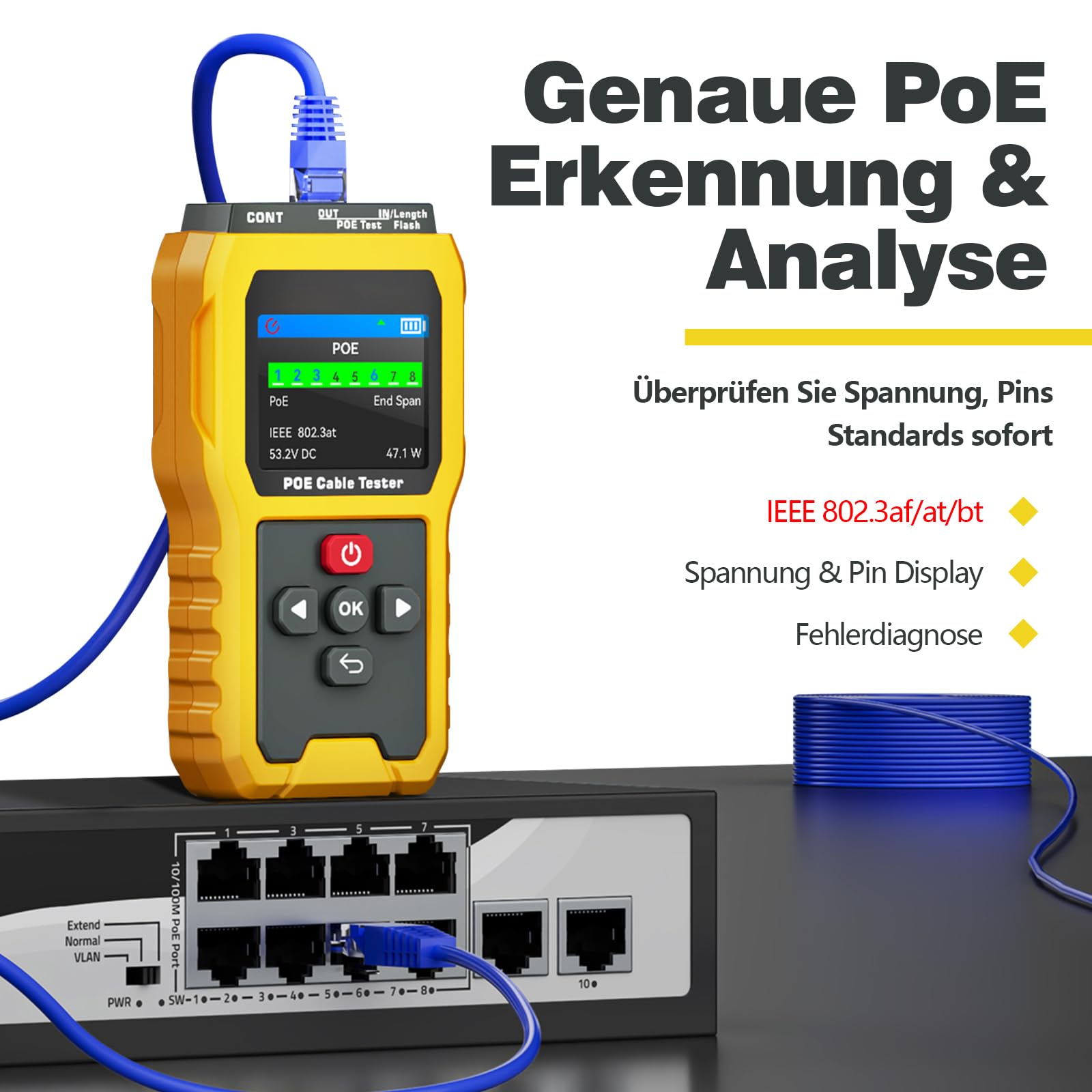 PoE-Kabeltester NF-8504, IEEE 802.3af/at/bt Kompatibel, 2,4" Farbdisplay & 2000-mAh-Akku