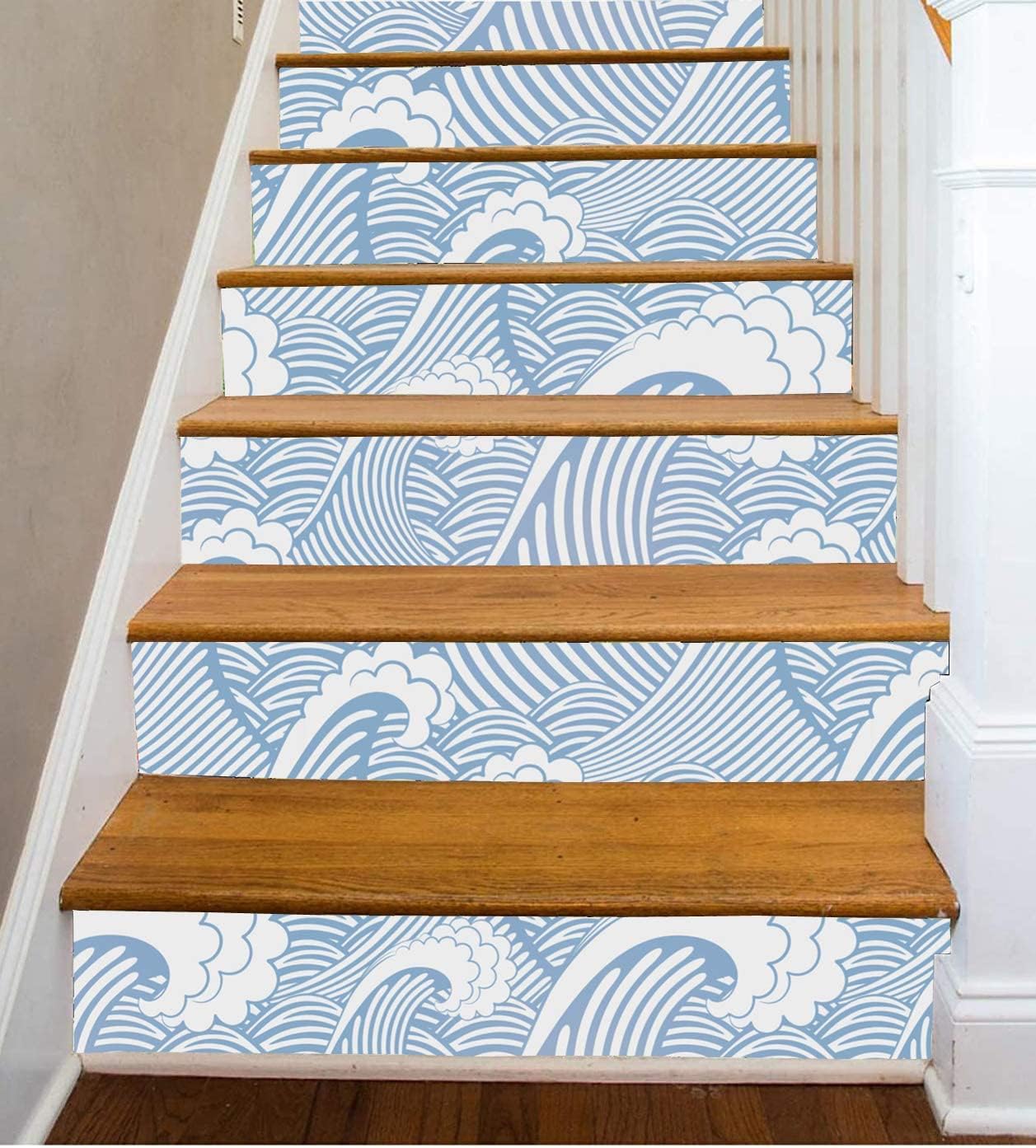 Birwall Peel and Stick Cute Blue Sea Water Waves Occean Waves Sea Spray Self Adehsive Wallpaper Wall Mural Contact Paper Wall Decor (17.7"x394")
