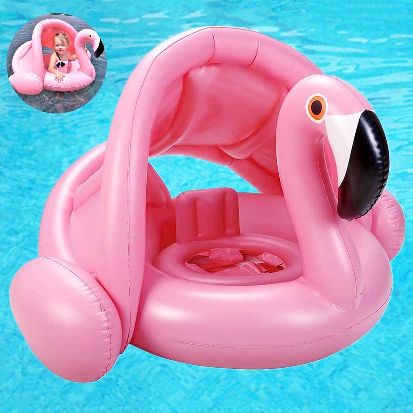Bebé Flamenco Anillo de Natación,Flamenco bebé Flotador de Seguridad,Ajustable Barco Anillo de Natación,Flotador para Bebé con Sombrilla,Flotadores con Asiento,Anillo de Natación Asient
