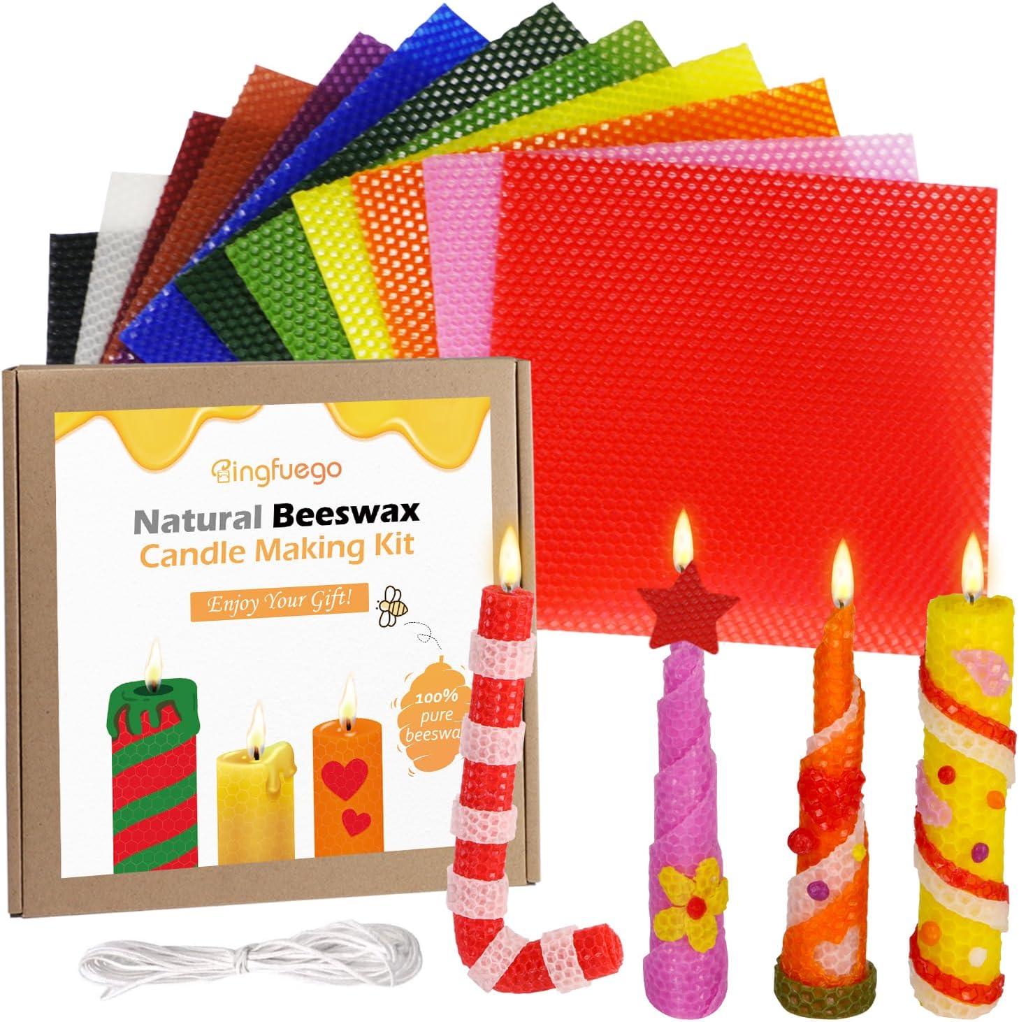 Bingfuego Beeswax Candle Making Kit for Kids - 12 Sheets for Rolling, Natural Candle Making Kit (Classic Color, 8 x 8 Inch)
