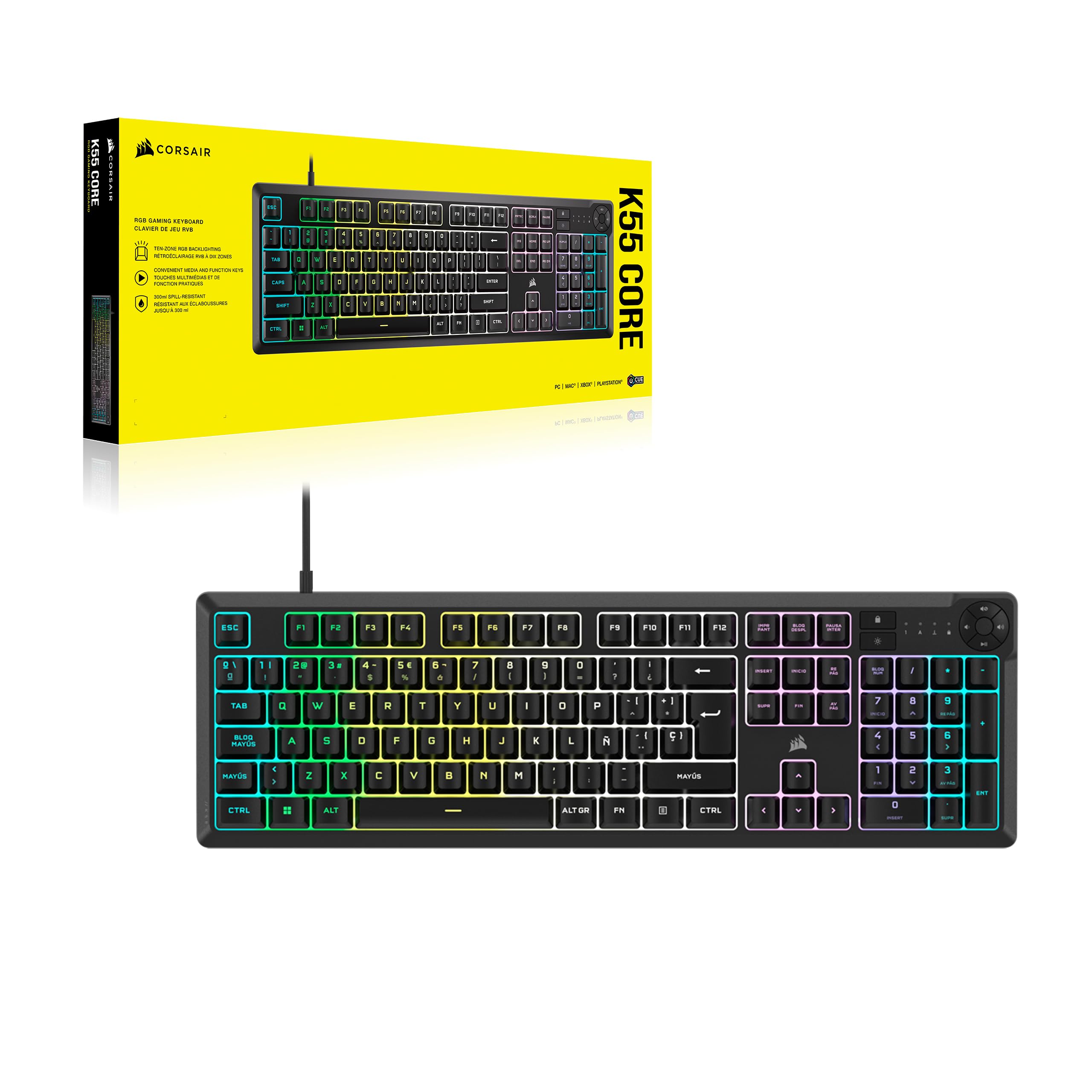 Corsair K55 Core RGB Teclado de Membrana con Cable para Juegos – QWERTY español – Interruptores Silenciosos y Sensibles – Resistente a Salpicaduras – RGB de Diez Zonas – PC, Mac –Negro