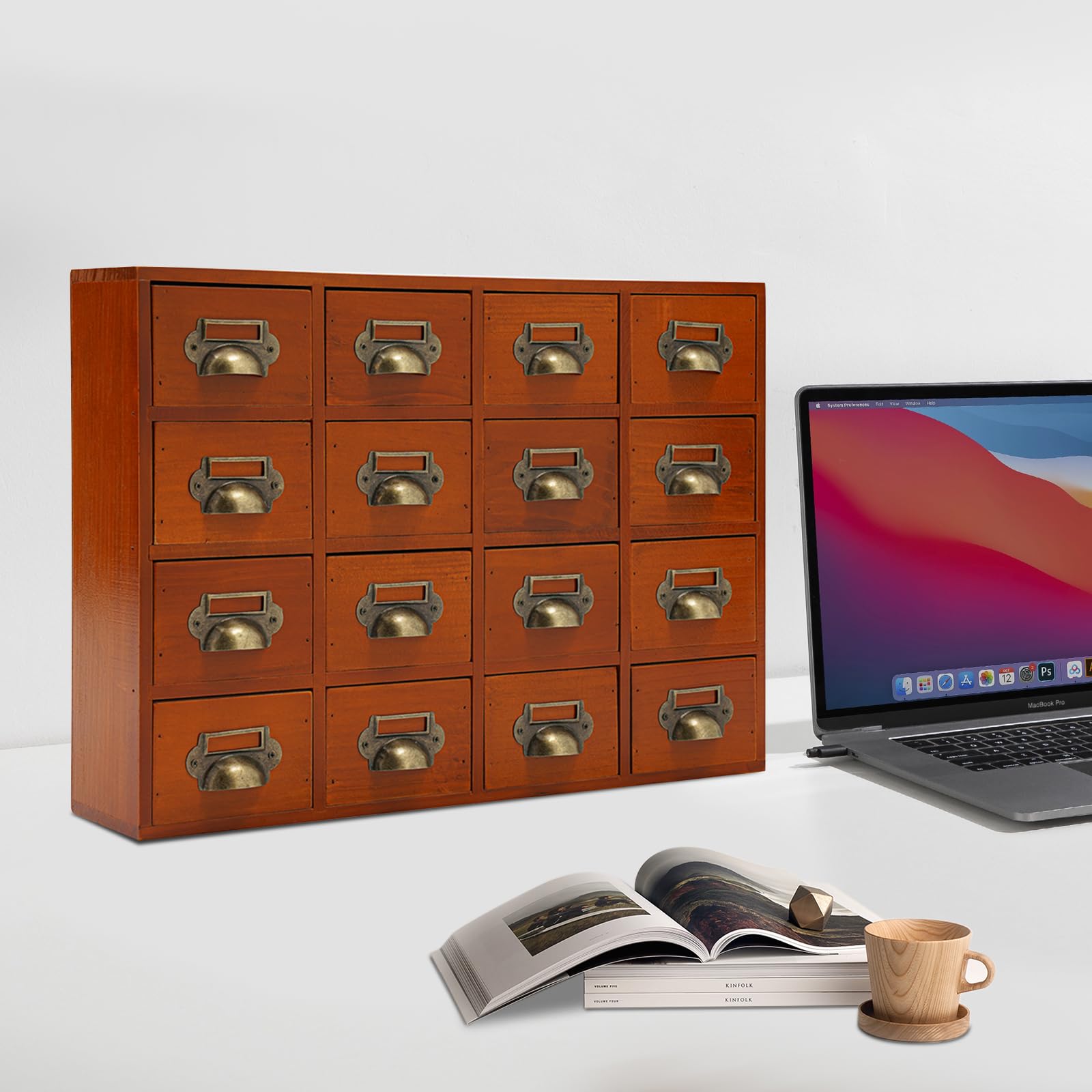 Organizer da scrivania in legno vintage, 16 scomparti, multifunzione, marrone, 50 cm | Con vernice trasparente per ufficio o casa, pratico per piccoli utensili, facile montaggio da tavolo, 4 livelli per ordine