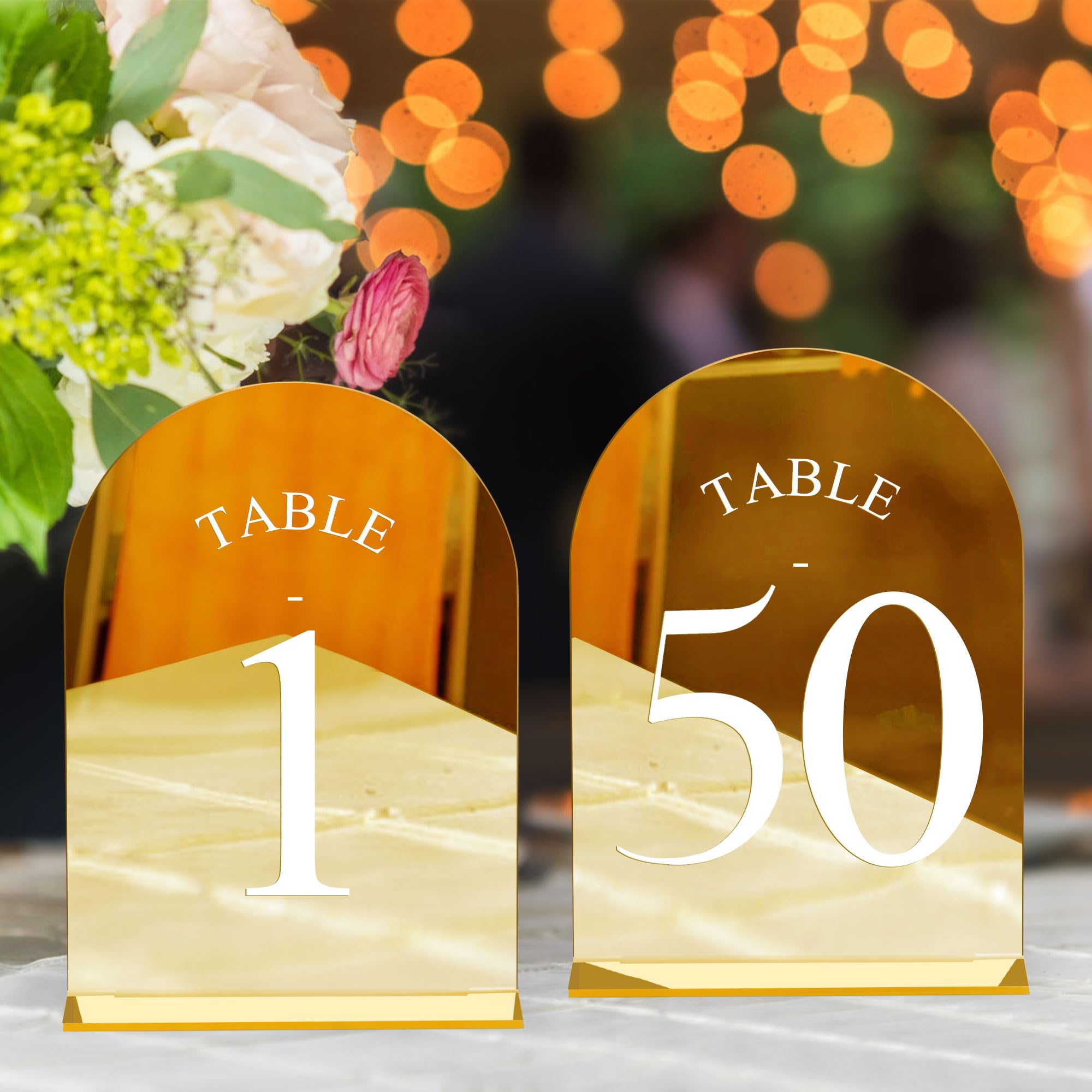 JOYIT Arch Wedding Table Numbers 1-50 with Stands, Gold Acrylic Signs