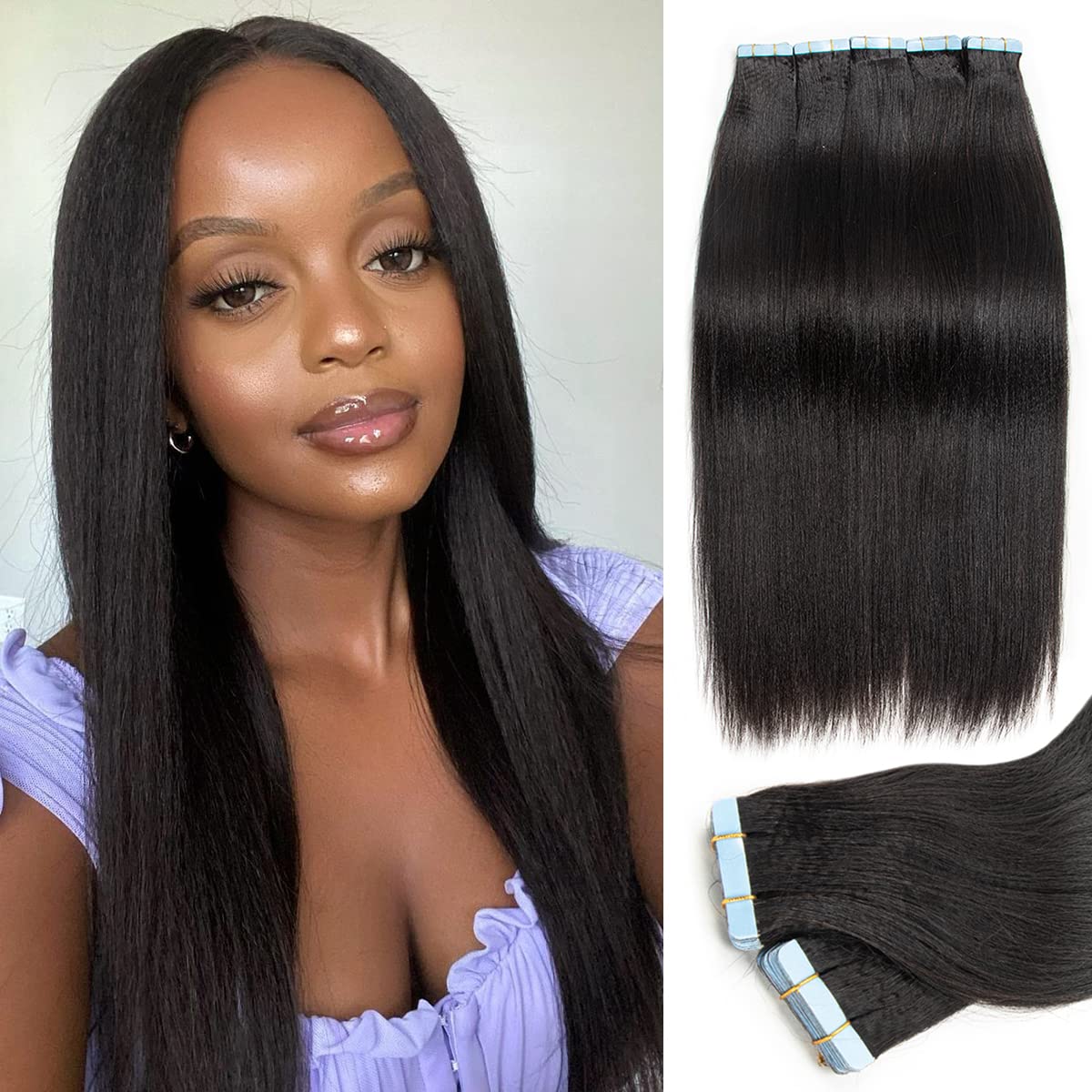 20Inch Tape In Extensions Human Hair for Black Women Yaki Straight Tape In Human Hair Extensions for Women Natural Black Invisible Remy Hair Extensions 20pcs 50g