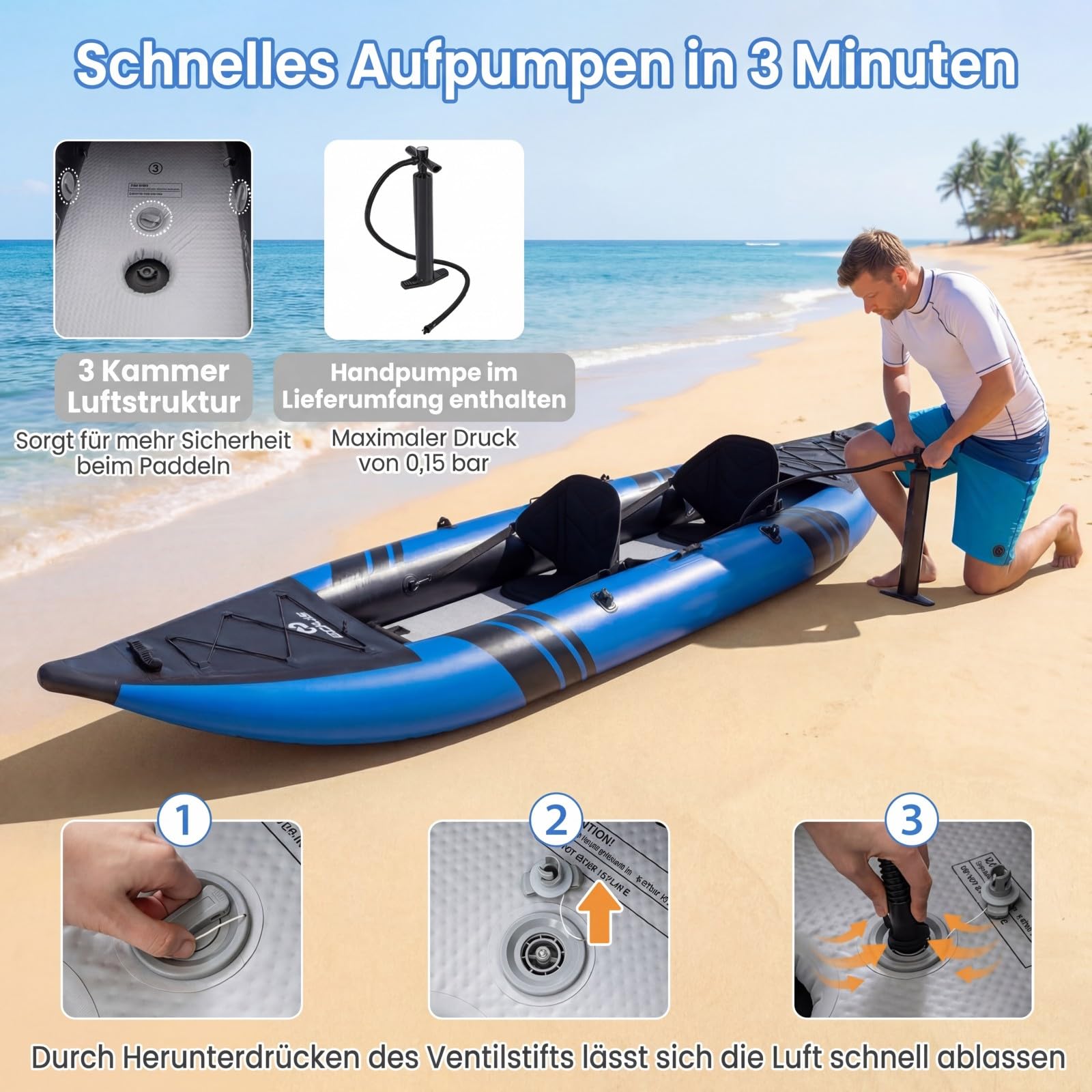 COSTWAY Kajak aufblasbar 2 Personen, aufblasbares Kanu mit Aluminiumrudern, gepolstertem Eva-Sitz, Handpumpe und Reparaturset, Schlauchboot mit Tragetasche, 230 kg Gewichtskapazität