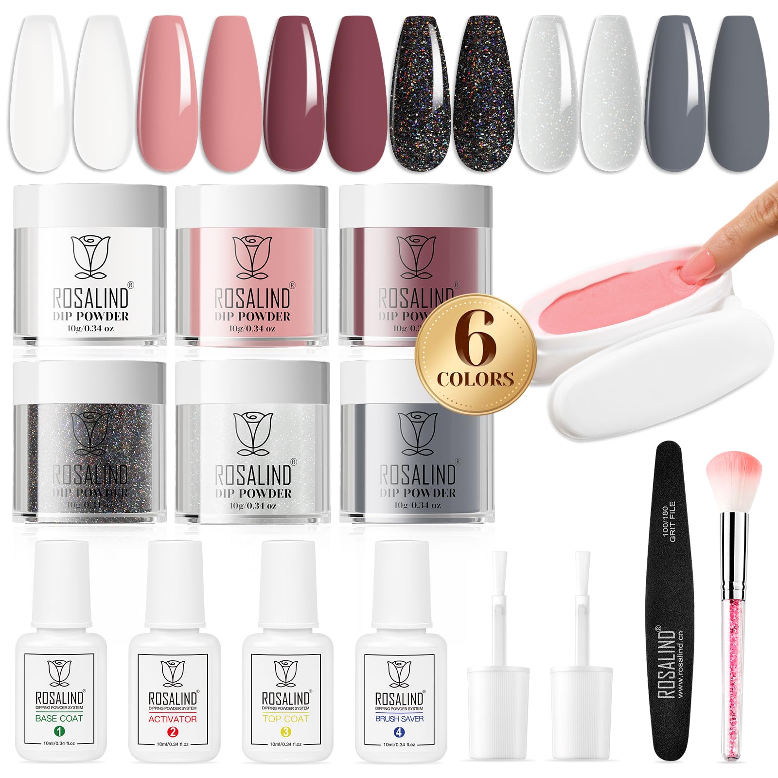 ROSALIND 13PCS Dip Powder Nail Kit, Pink Black Glitter Dip Nails Powder Starter Kit with Base Top Coat Activator Brush Saver Dip Powder Liquid Set, No Need UV Nail Lamp Air Drying