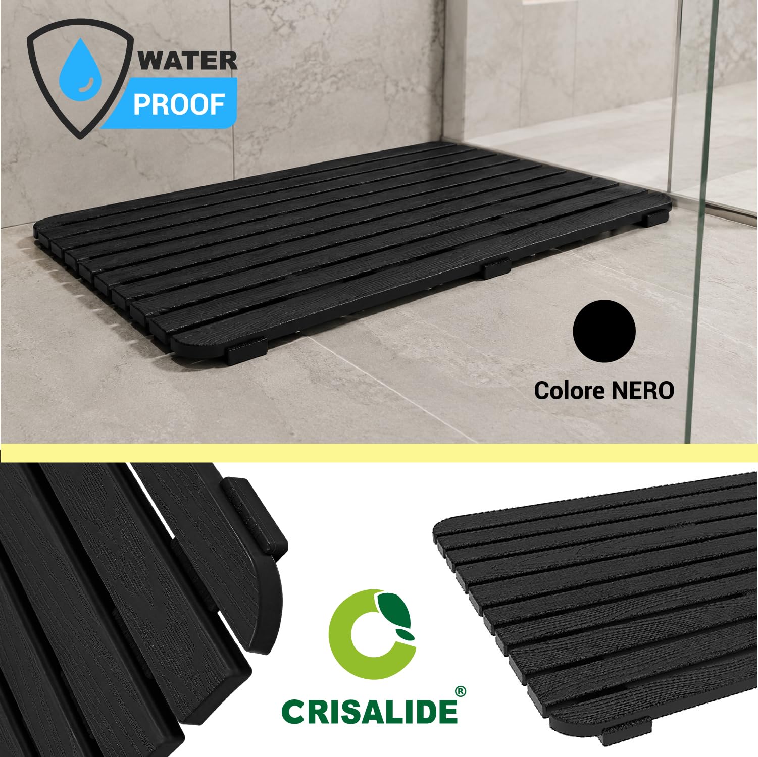 Nome dell’articolo: Crisalide® Pedana Doccia Woody in PP Effetto Legno 80x50x2,5 cm, Pedana Rettangolare Antiscivolo Drenante Waterproof, con Piedini in Gomma, Nera