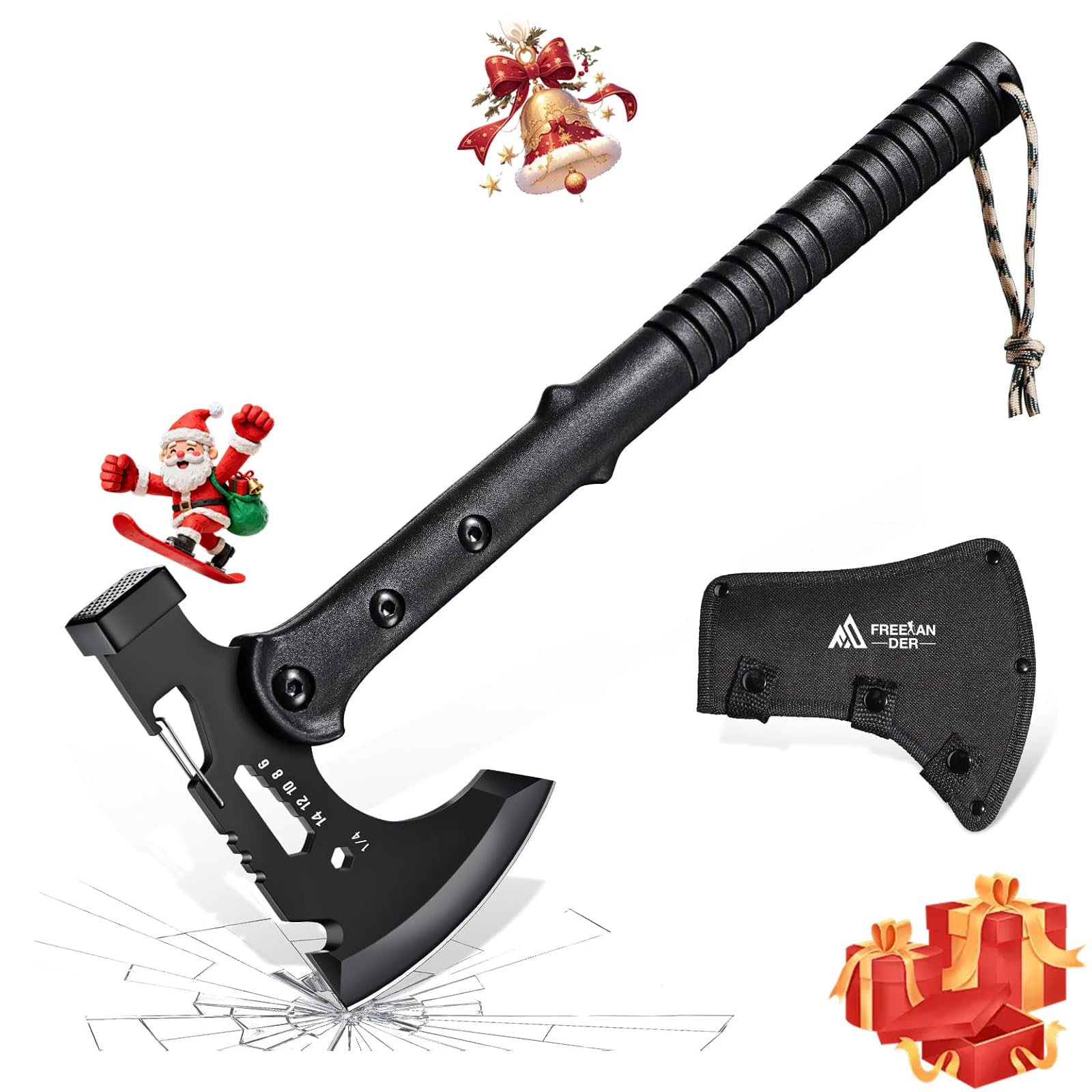Camping Axe with Sheath, Sharp Tactical Hatchet Axe with Clip and Bottle Opener, Multi-Functional Hammer Tactical Tomahawk, Survival Tomahawk Axe for Camping (Black, 15 Inch)