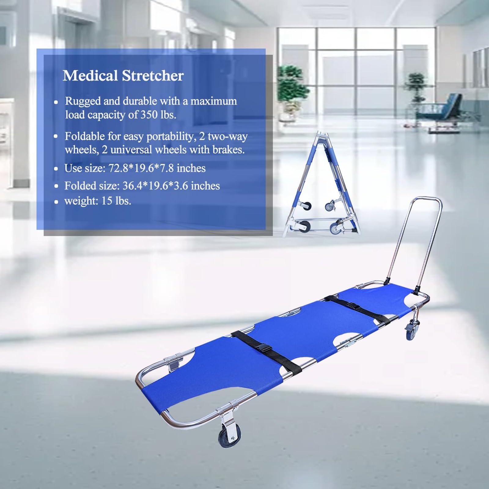 Brancard Pliant, brancard de sauvetage léger en alliage d'aluminium à 4 roues avec barre de traction,pour les hôpitaux, les cliniques, les sites sportifs, les services de secours en cas d'incendie.