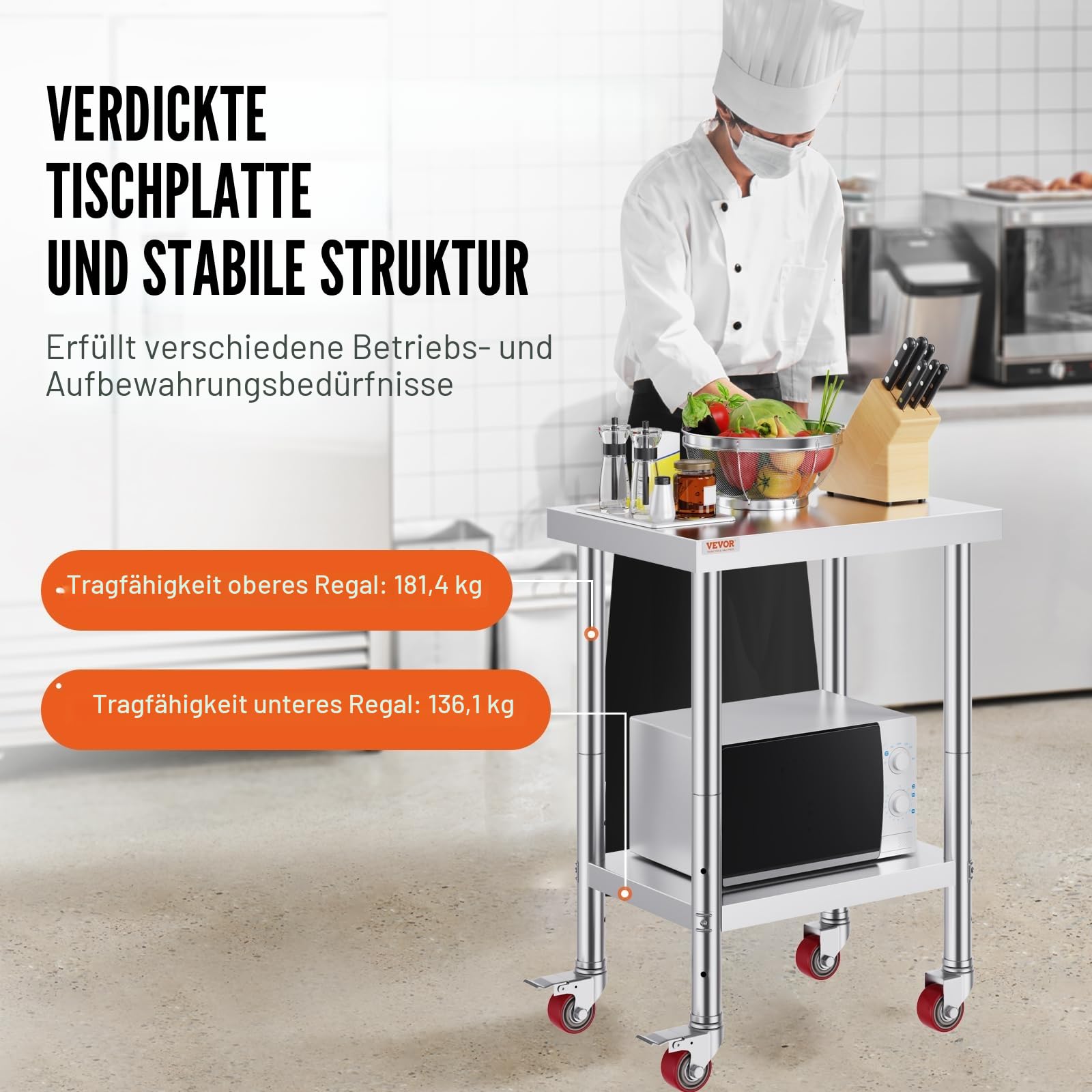 VEVOR Edelstahltisch Arbeitstisch 61 x 46 x 86 cm, Gastronomie Küchentisch mit 100 kg Tragkraft, Vorbereitungstisch mit 4 Verstellbaren Füßen, Serviertisch Rollbar für Küche Bar & Restaurant