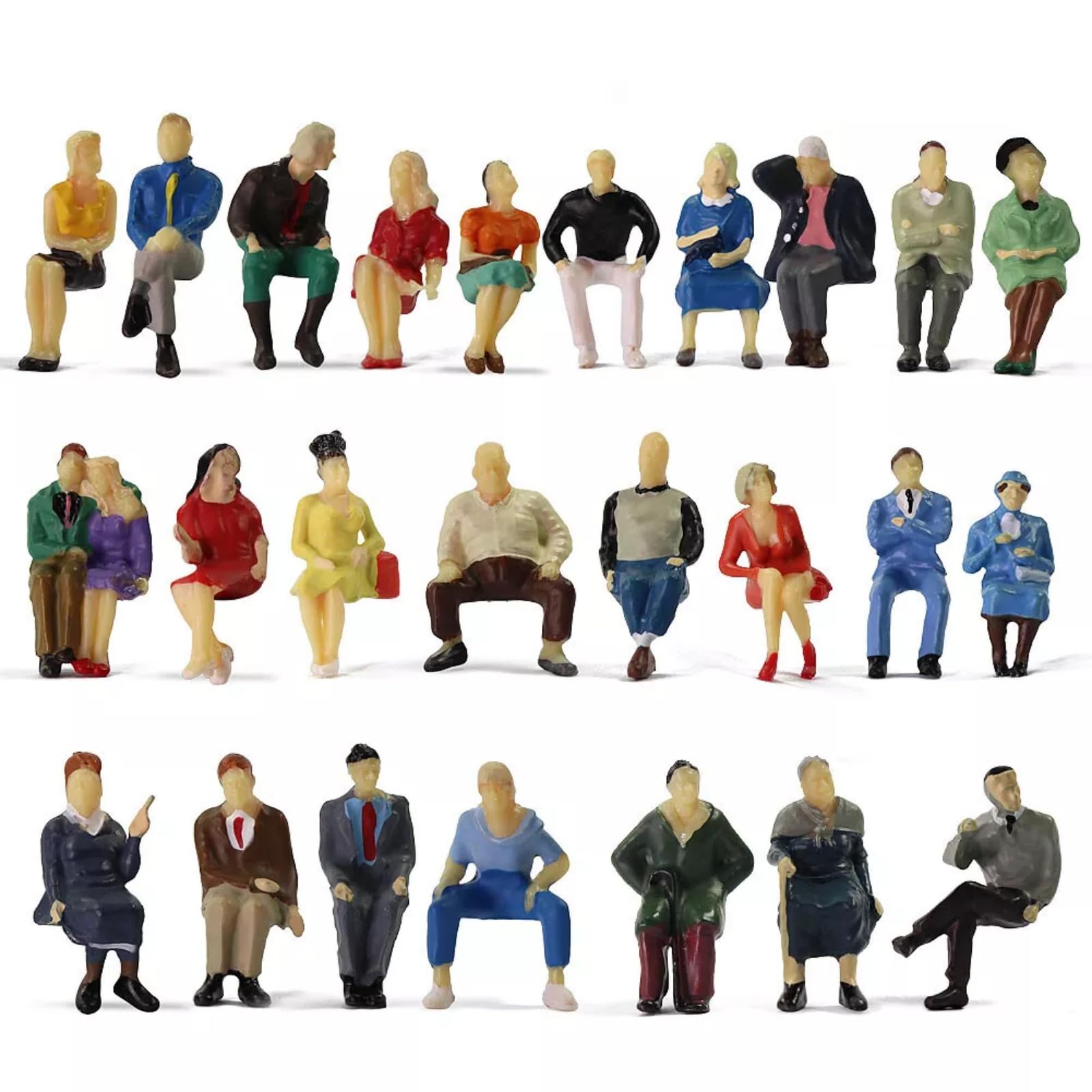 FRTmvg 25pcs Different O Scale 1:50 Seated Figures - Painted People Model Railway Figurines, Multi-Colored Plastic Seated Figures for Railway Layouts