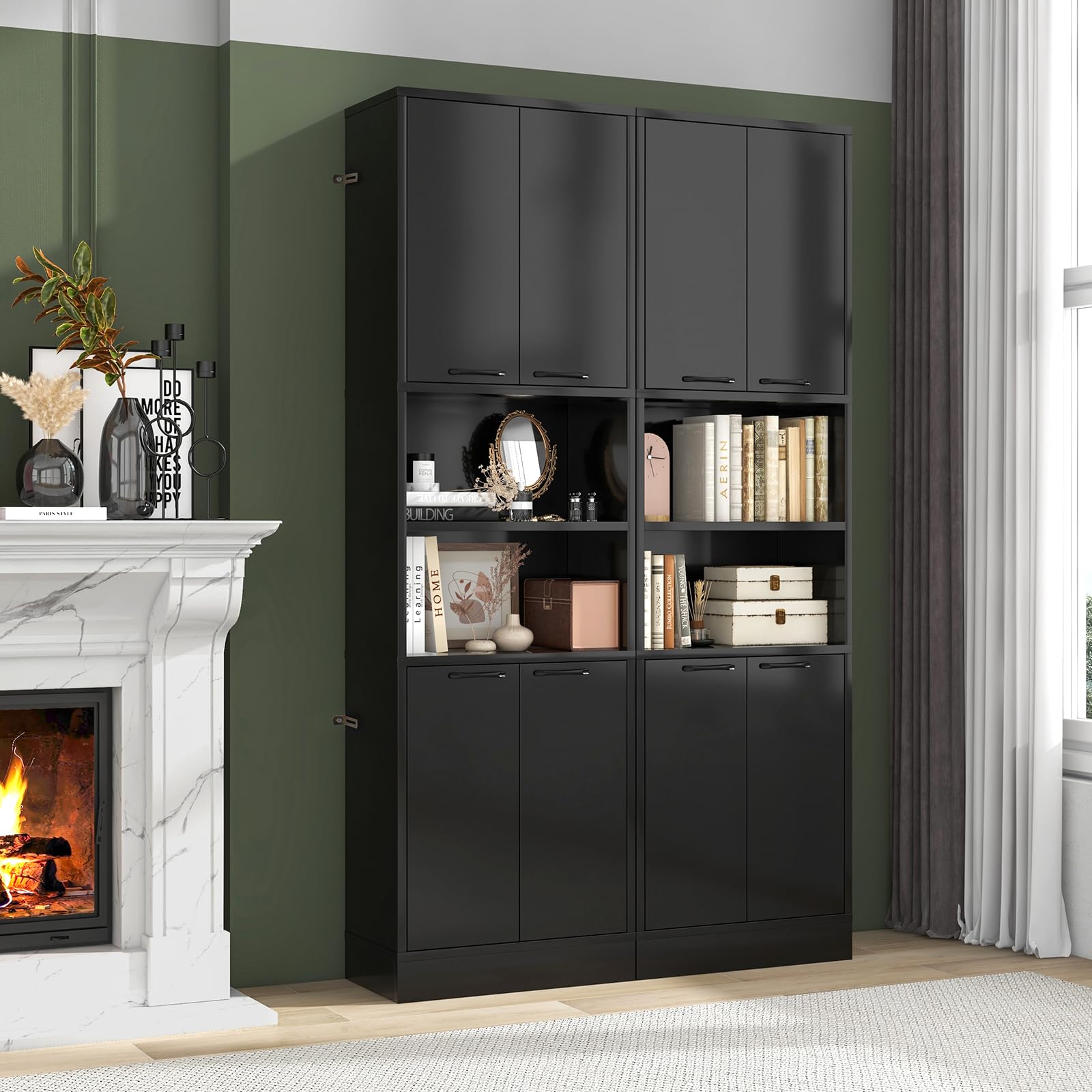GIANTEX Buffet Cuisine Haut 190 cm, Meuble Cuisine Rangement avec 4 Portes, 2 Compartiments Ouverts, 4 Kits Anti-basculement, Armoire de Rangement 6 Etagères pour Salle de Bain (Noir)