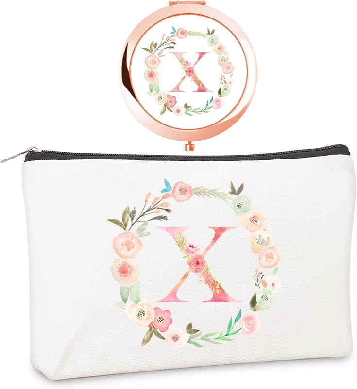 Espelho compacto redondo boutikpro com inicial X e bolsa, Rose Gold