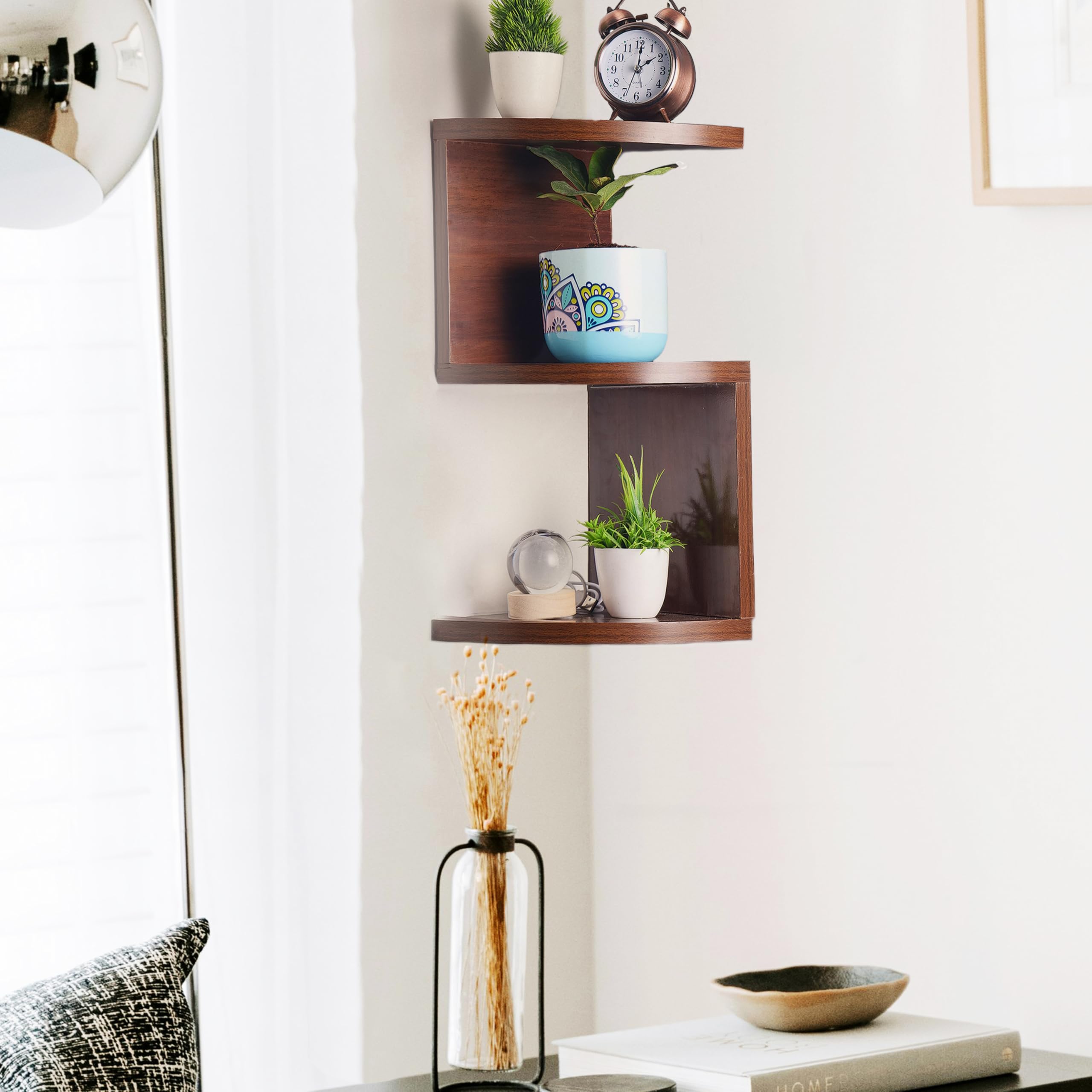 Decazone 3-Tier Zig Zag Corner Shelf Organizer – Space-Saving Wall-Mounted Storage for Living Room, Bathroom, and Bedroom Unique Design with Finish 3 Tiers (Brown Finish)-image-34