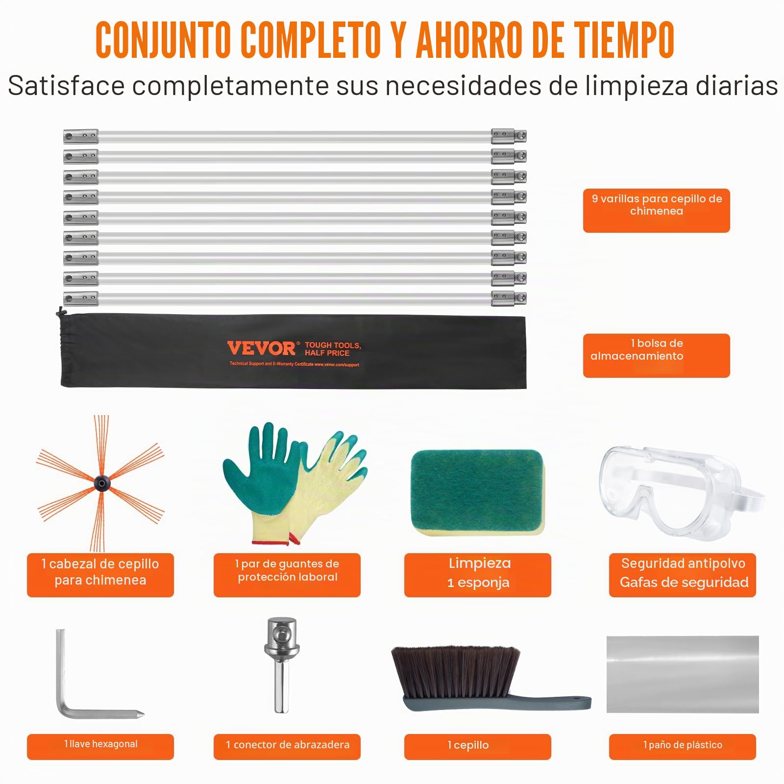 VEVOR Kit de Deshollinador de Chimeneas 9 m Cepillo de Limpieza de 360° con 9 Varillas Flexibles Nailon Accesorios para Conductos de Chimeneas Uso Doméstico Adecuado para la Mayoría de los Conductos