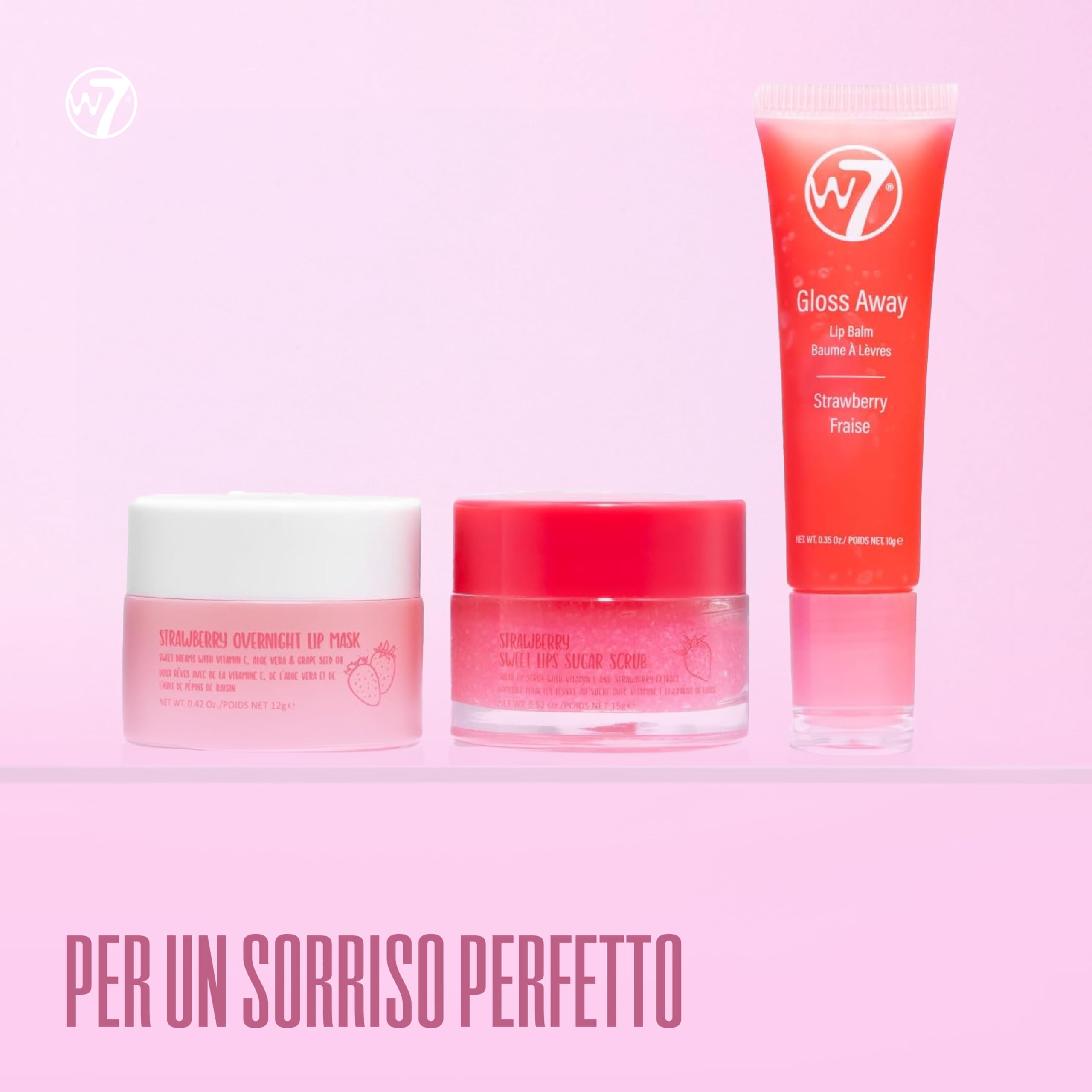 W7 Trio per la cura delle labbra Sweet Dreams - Set da 3 pezzi - Maschera notte, burrocacao e scrub labbra - Fragola